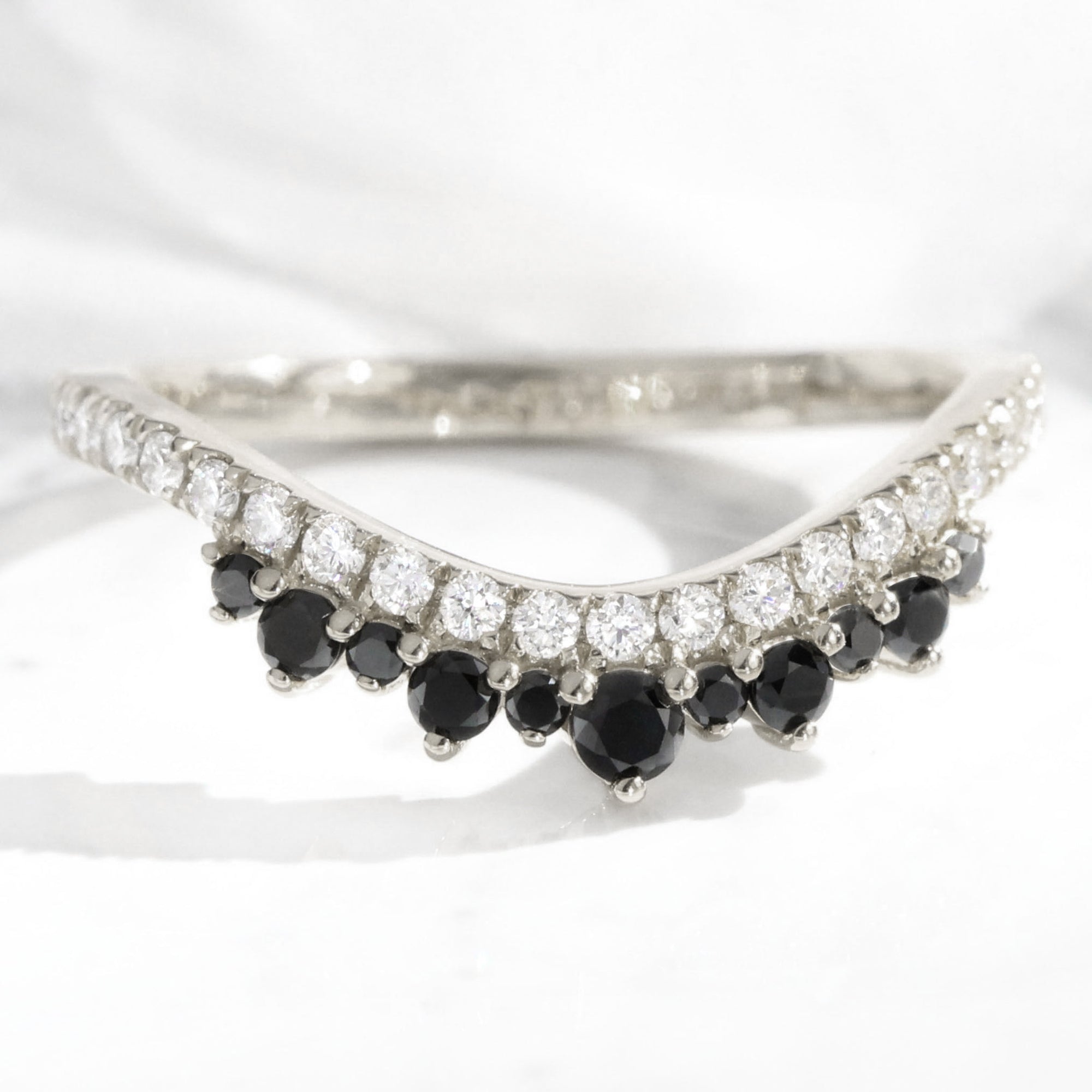 White and black diamond wedding ring white gold curved crown diamond band la more design jewelry