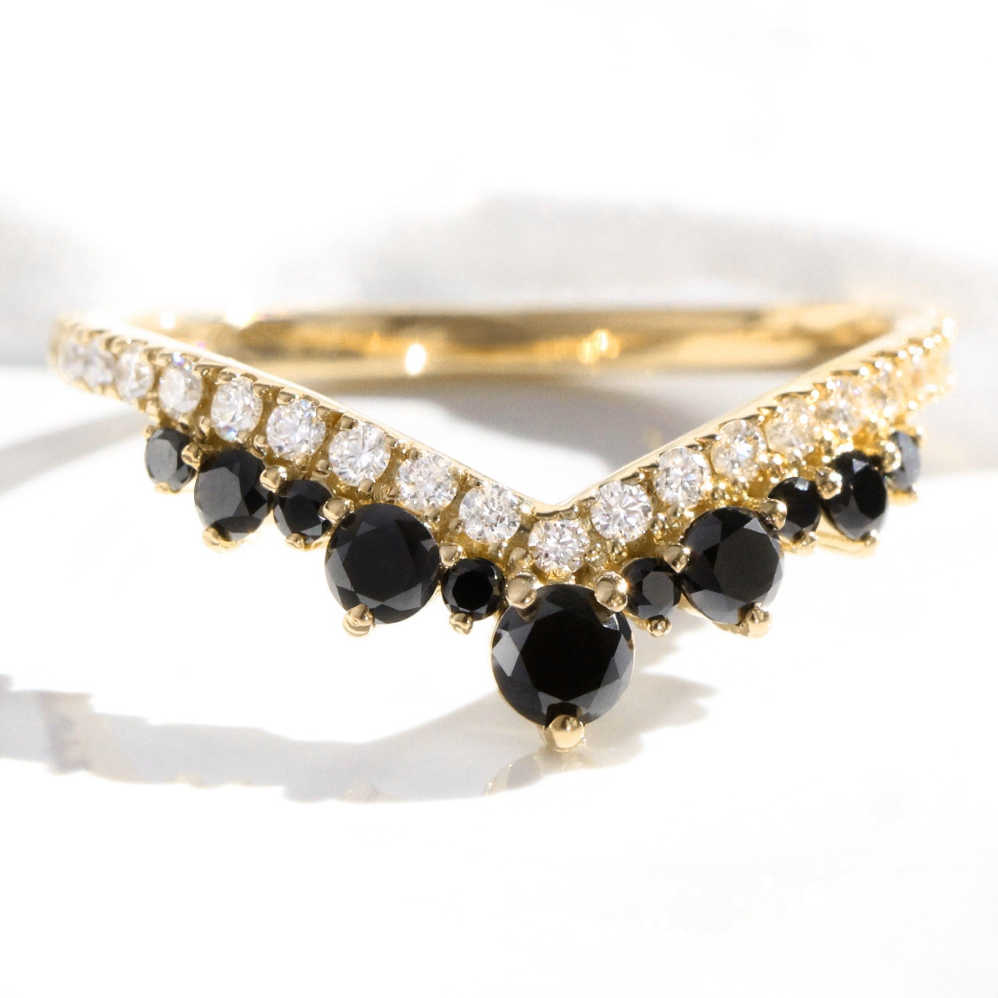 White and black diamond wedding ring yellow gold curved V diamond band la more design jewelry
