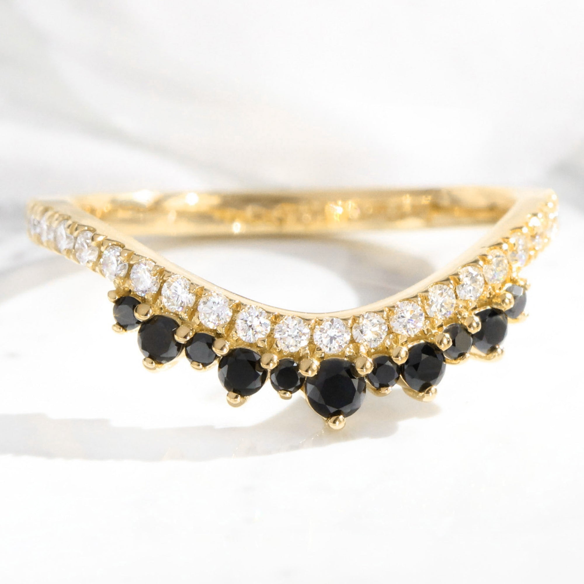 White and black diamond wedding ring yellow gold curved crown diamond band la more design jewelry