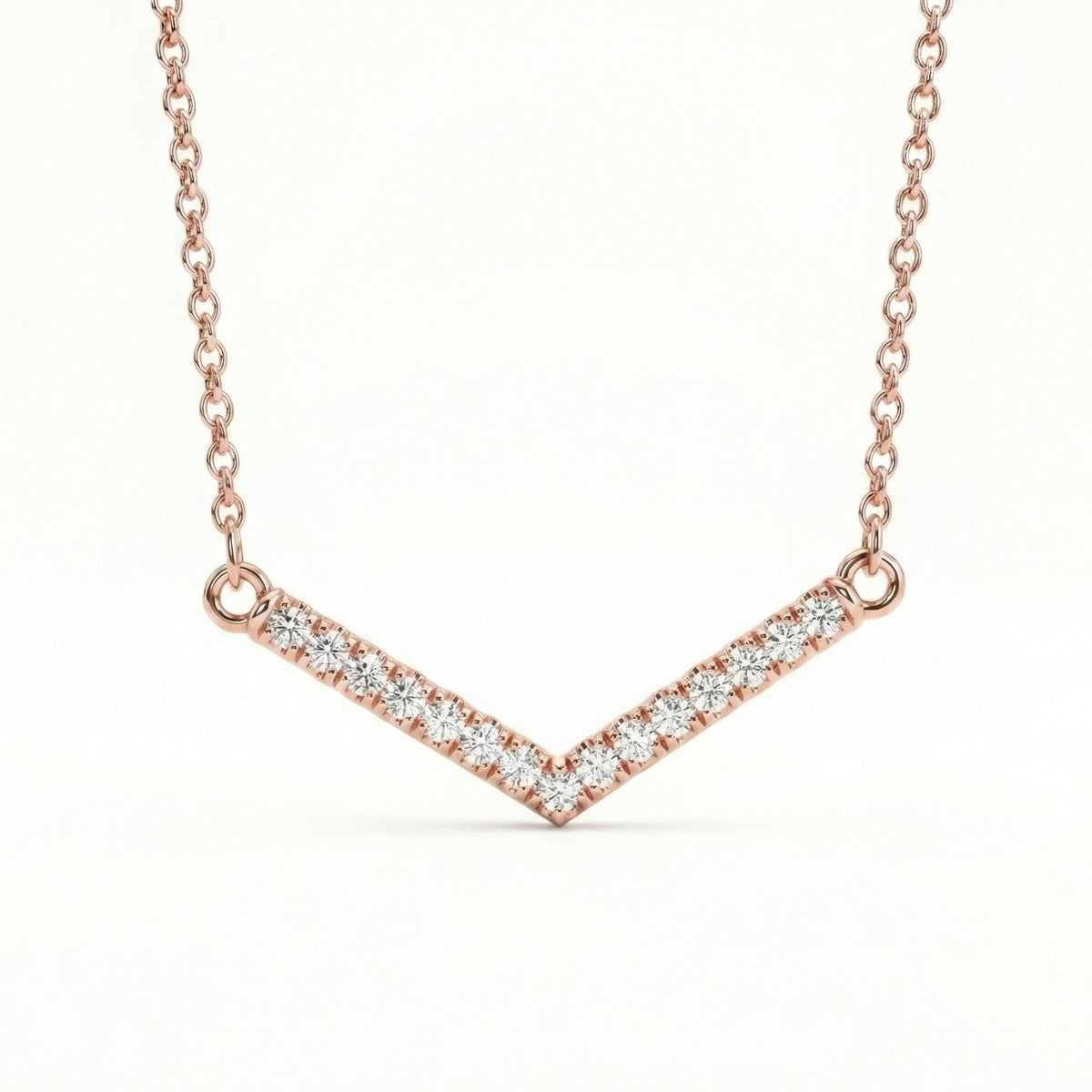 White diamond chevron necklace 14k rose gold curved v shaped diamond pendant with gold chain by la more design jewelry
