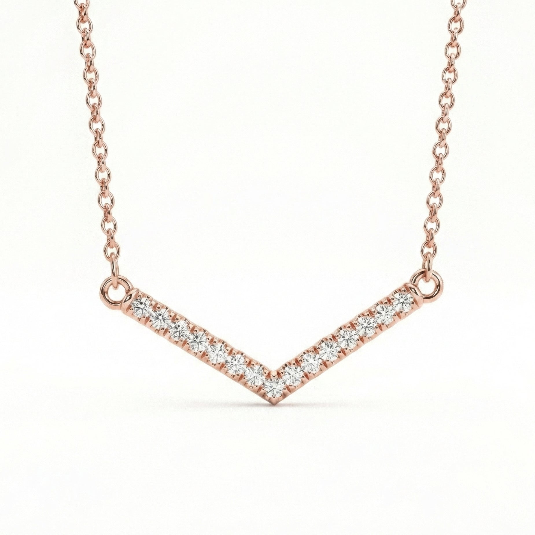 White diamond chevron necklace 14k rose gold curved v shaped diamond pendant with gold chain by la more design jewelry