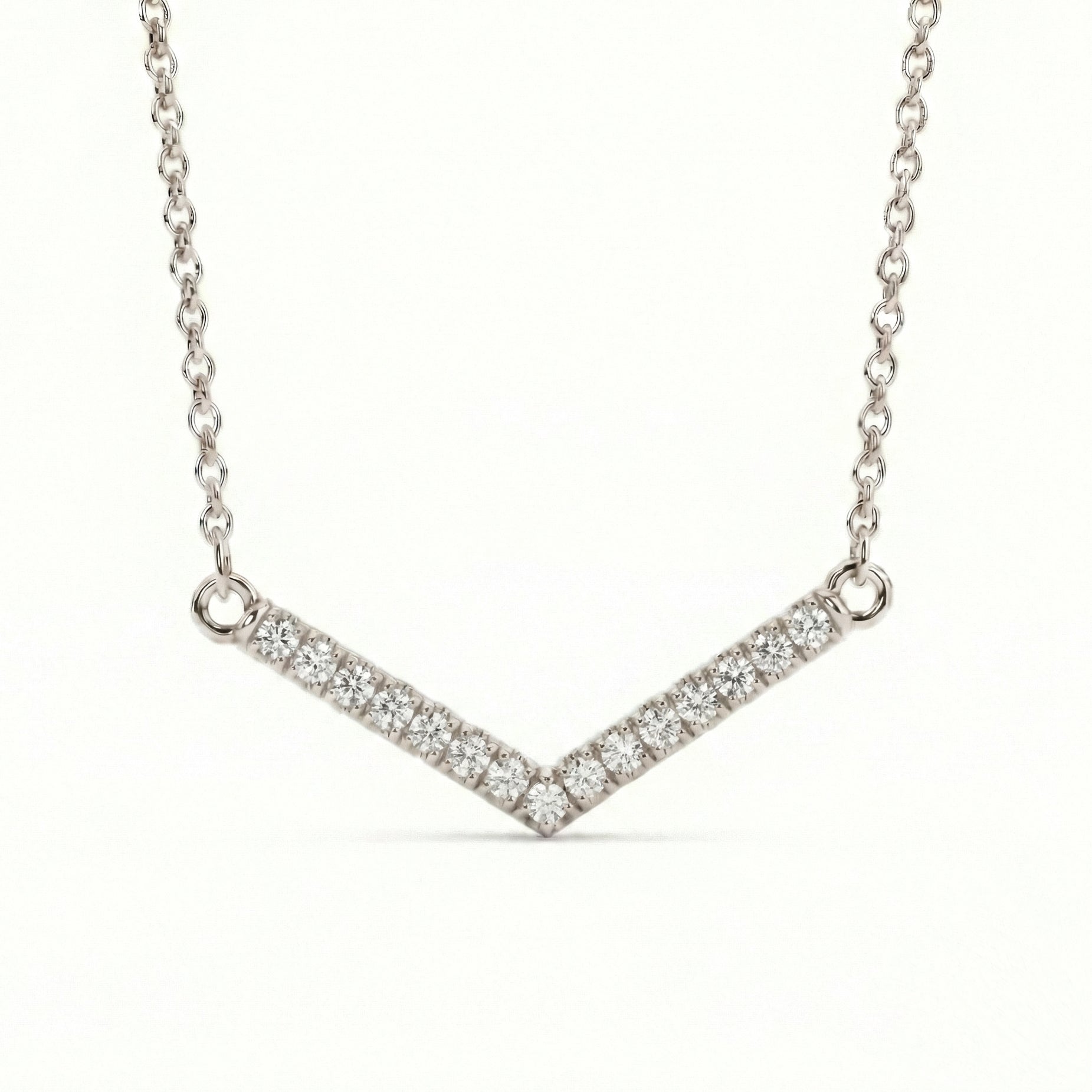 White diamond chevron necklace 14k white gold curved v shaped diamond pendant with gold chain by la more design jewelry