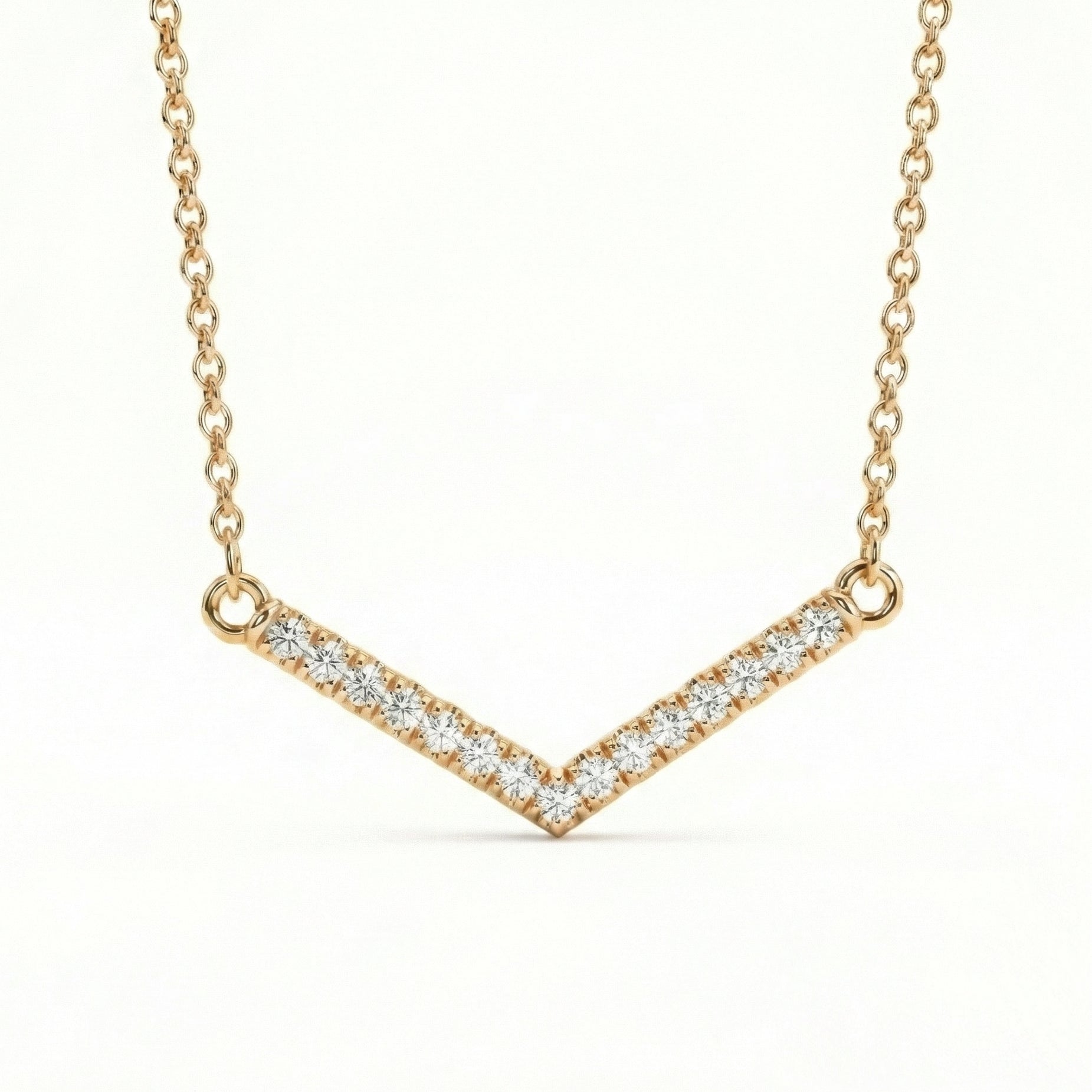 White diamond chevron necklace 14k yellow gold curved v shaped diamond pendant with gold chain by la more design jewelry