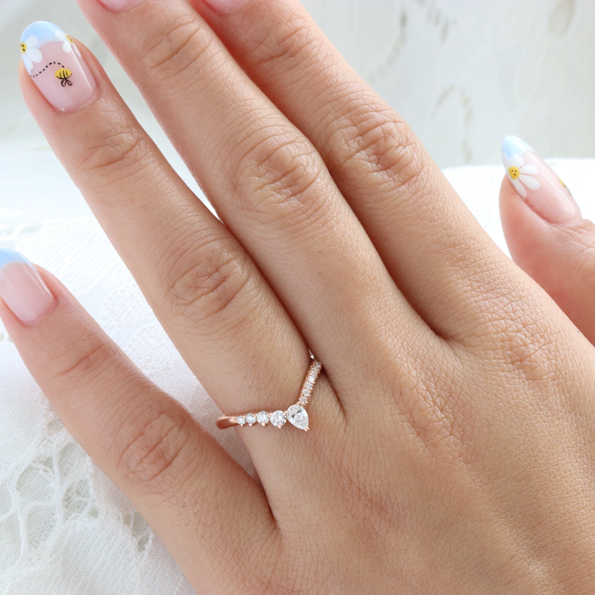 Wishbone diamond wedding ring rose gold V shaped curved pave wedding band la more design jewelry
