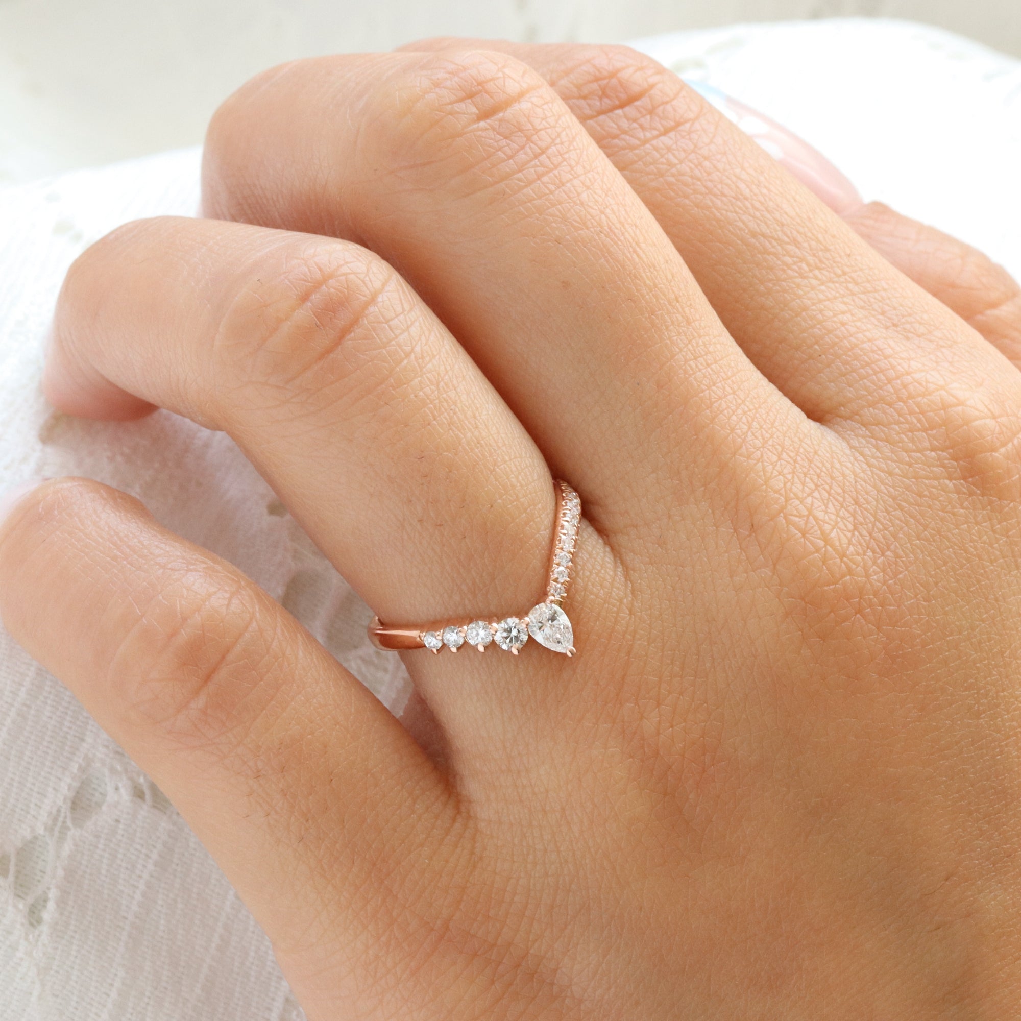 Wishbone diamond wedding ring rose gold V shaped curved pave wedding band la more design jewelry