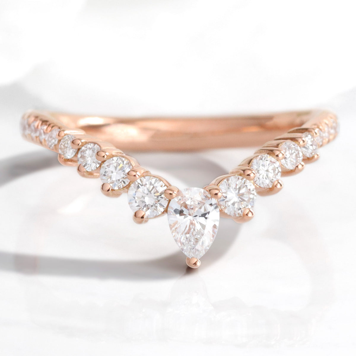 Wishbone diamond wedding ring rose gold V shaped curved pave wedding band la more design jewelry