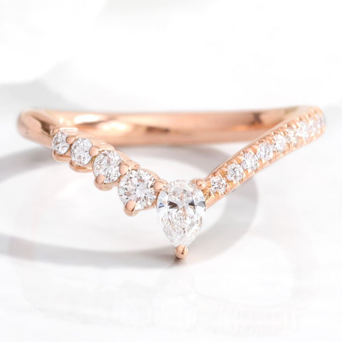 Wishbone diamond wedding ring rose gold V shaped curved pave wedding band la more design jewelry