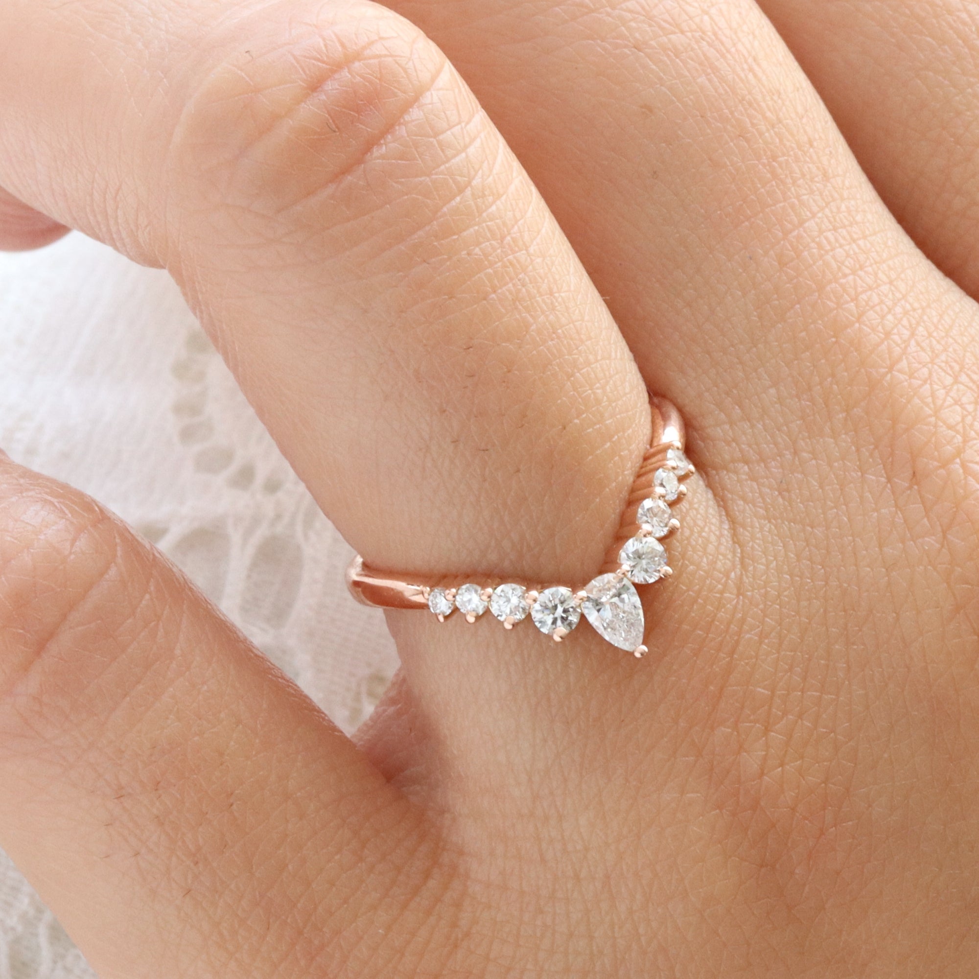Wishbone diamond wedding ring rose gold V shaped curved wedding band la more design jewelry