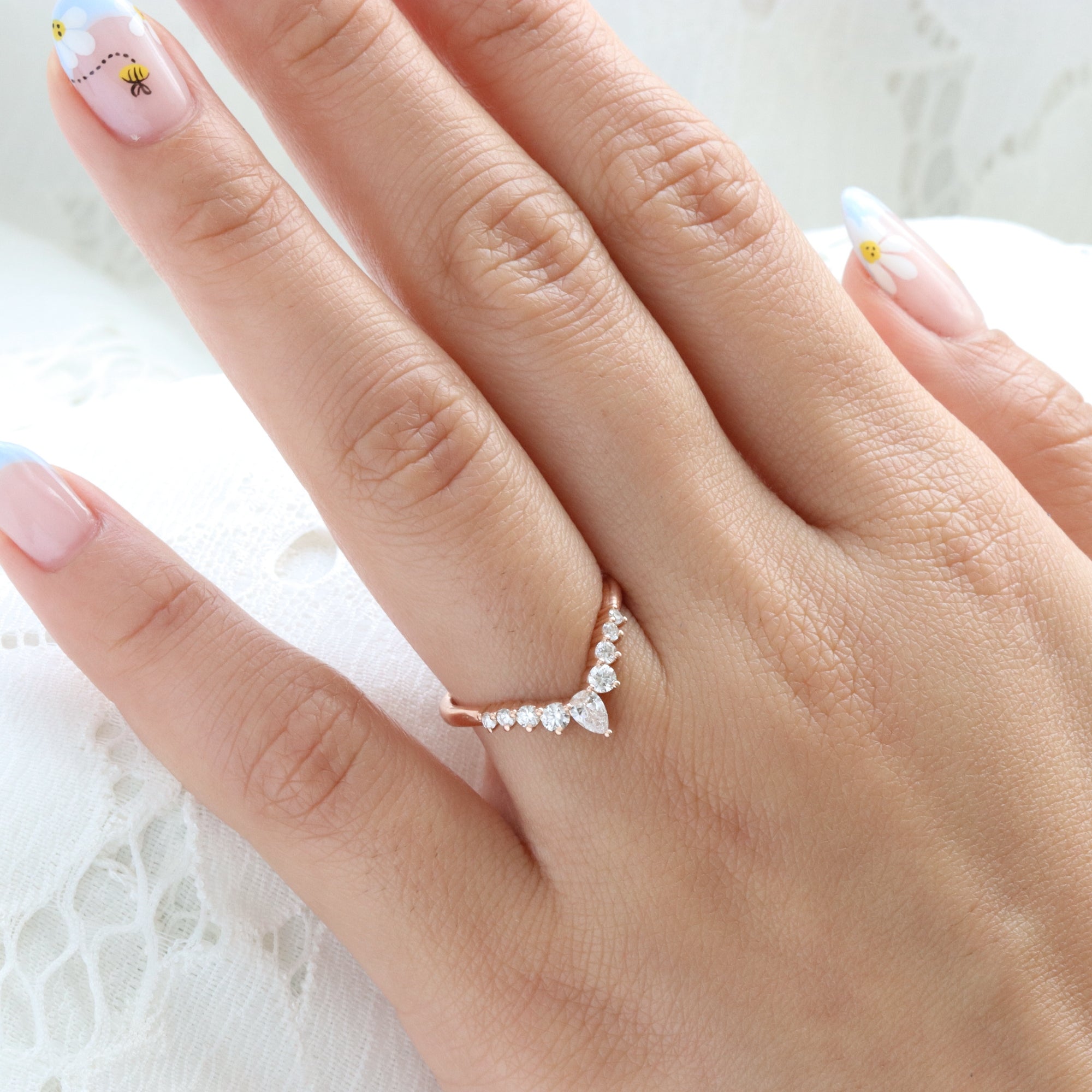 Wishbone diamond wedding ring rose gold V shaped curved wedding band la more design jewelry
