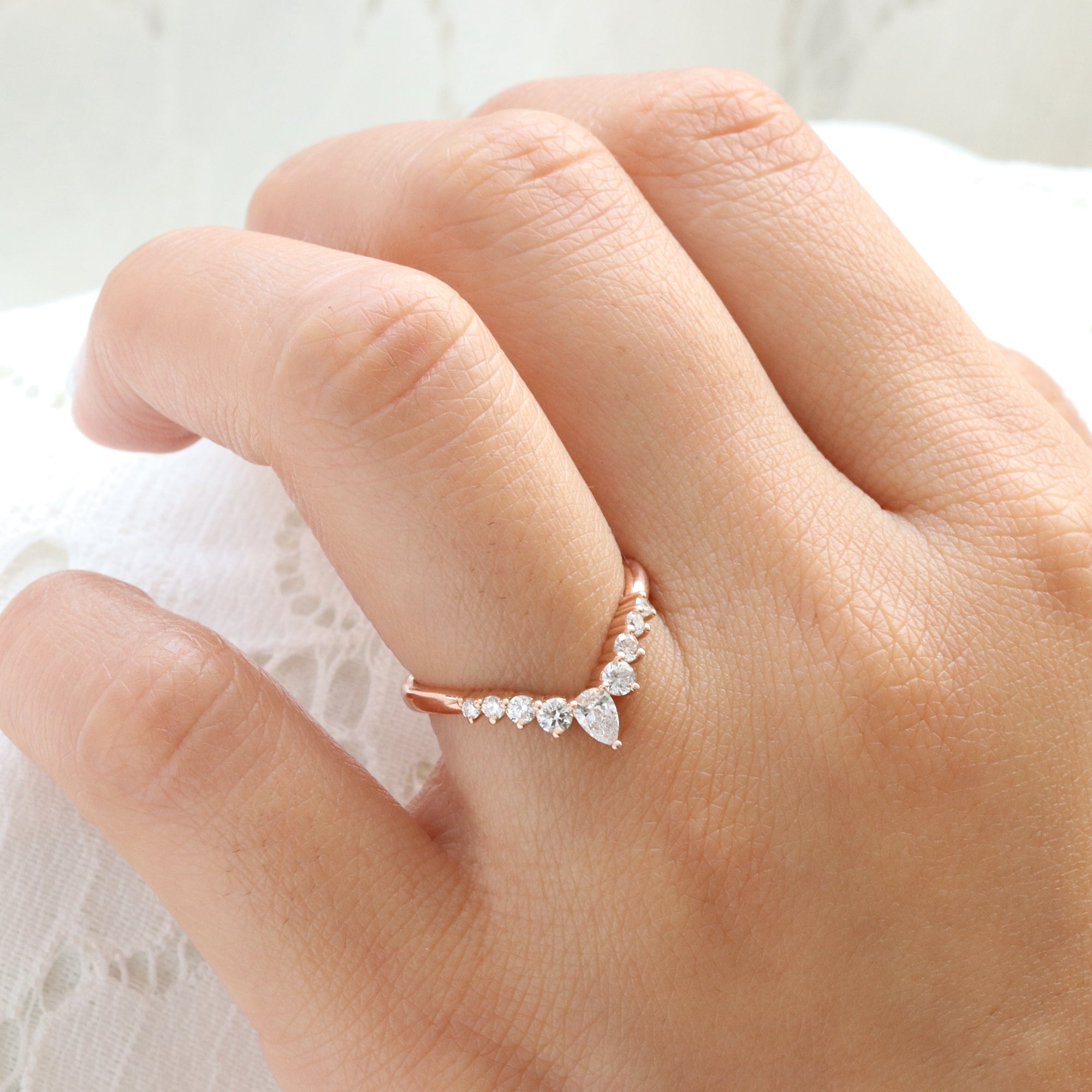 Wishbone diamond wedding ring rose gold V shaped curved wedding band la more design jewelry