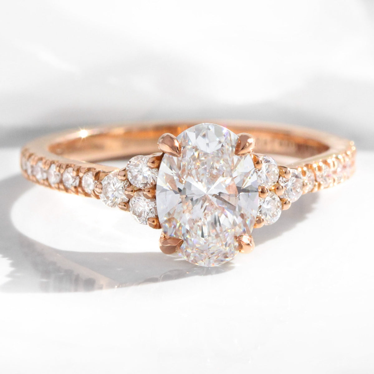 lab grown diamond 3 stone engagement ring rose gold oval diamond cluster ring la more design jewelry