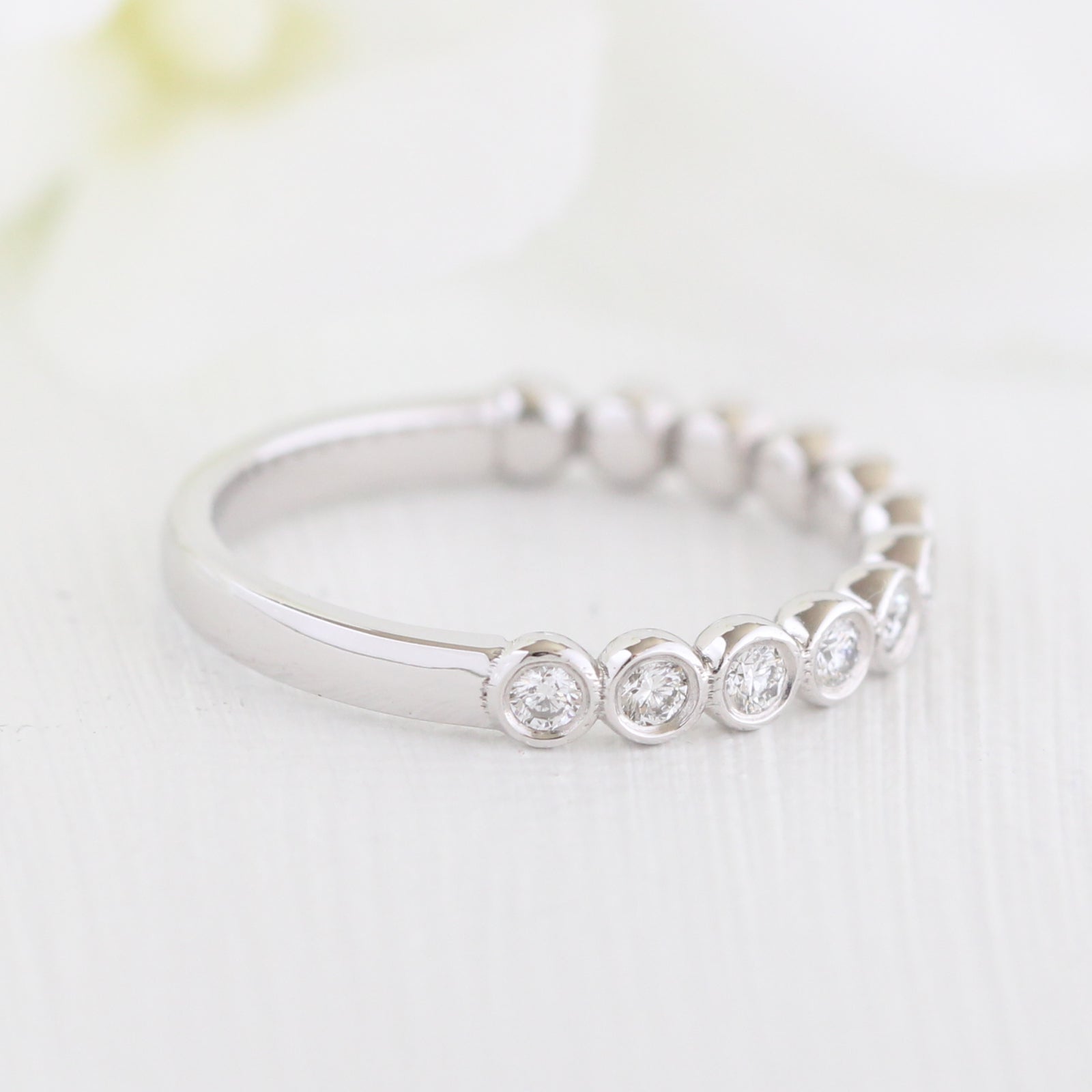 Bezel Set Diamond Wedding Ring in 14k White Gold Half Eternity Band, Size 6.5