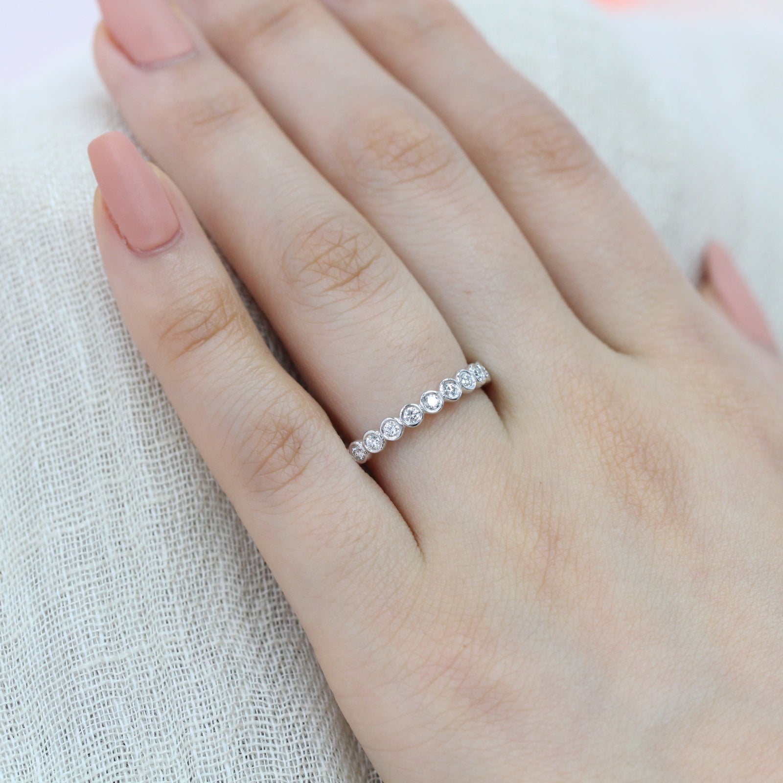 Bezel Set Diamond Wedding Ring in 14k White Gold Half Eternity Band, Size 6.5