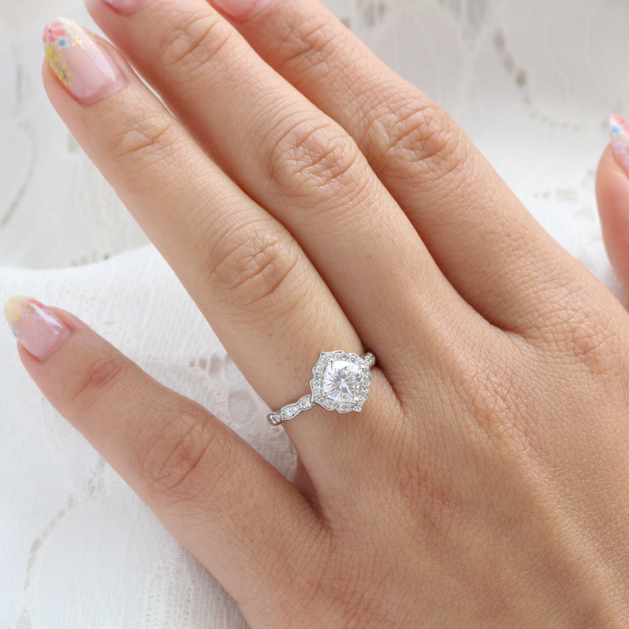 vintage floral moissanite engagement ring white gold scalloped diamond band by la more design jewelry