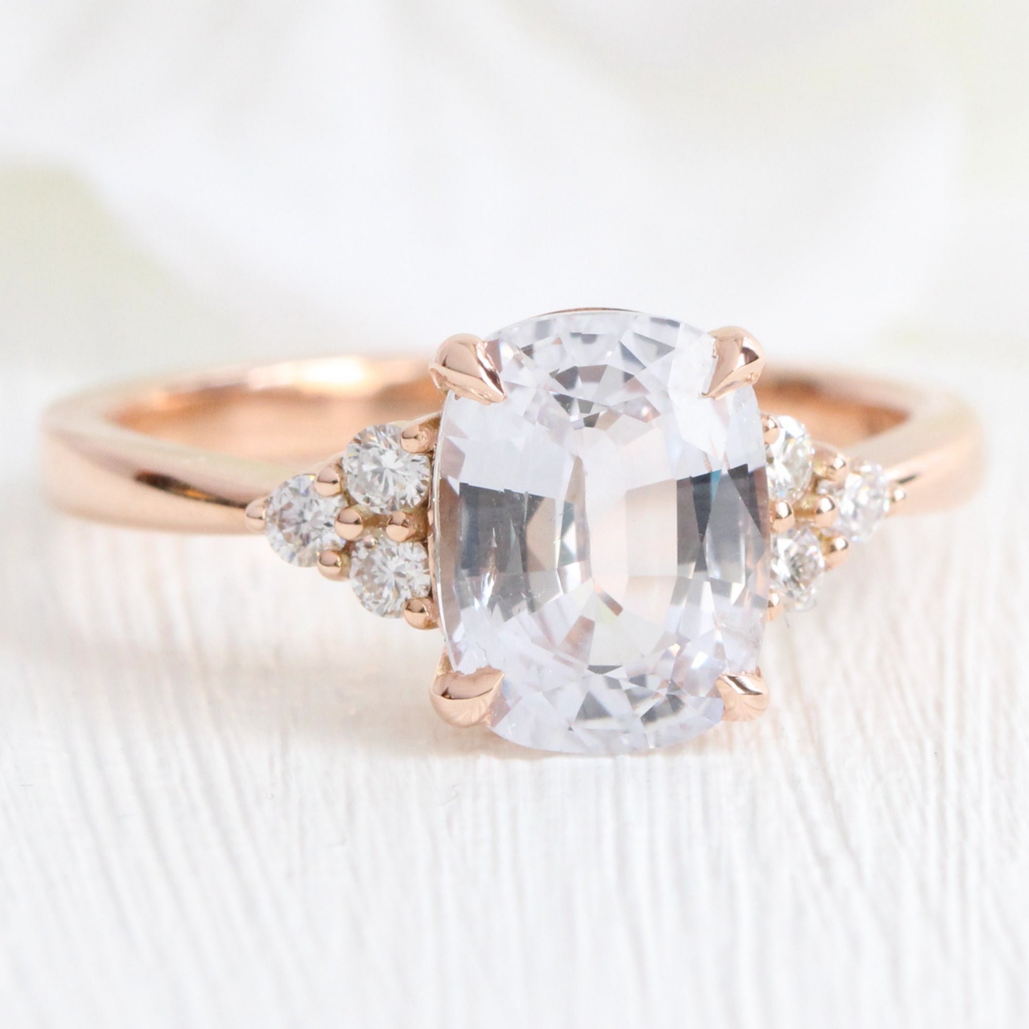 cushion cut white sapphire ring rose gold 3 stone diamond ring la more design jewelry