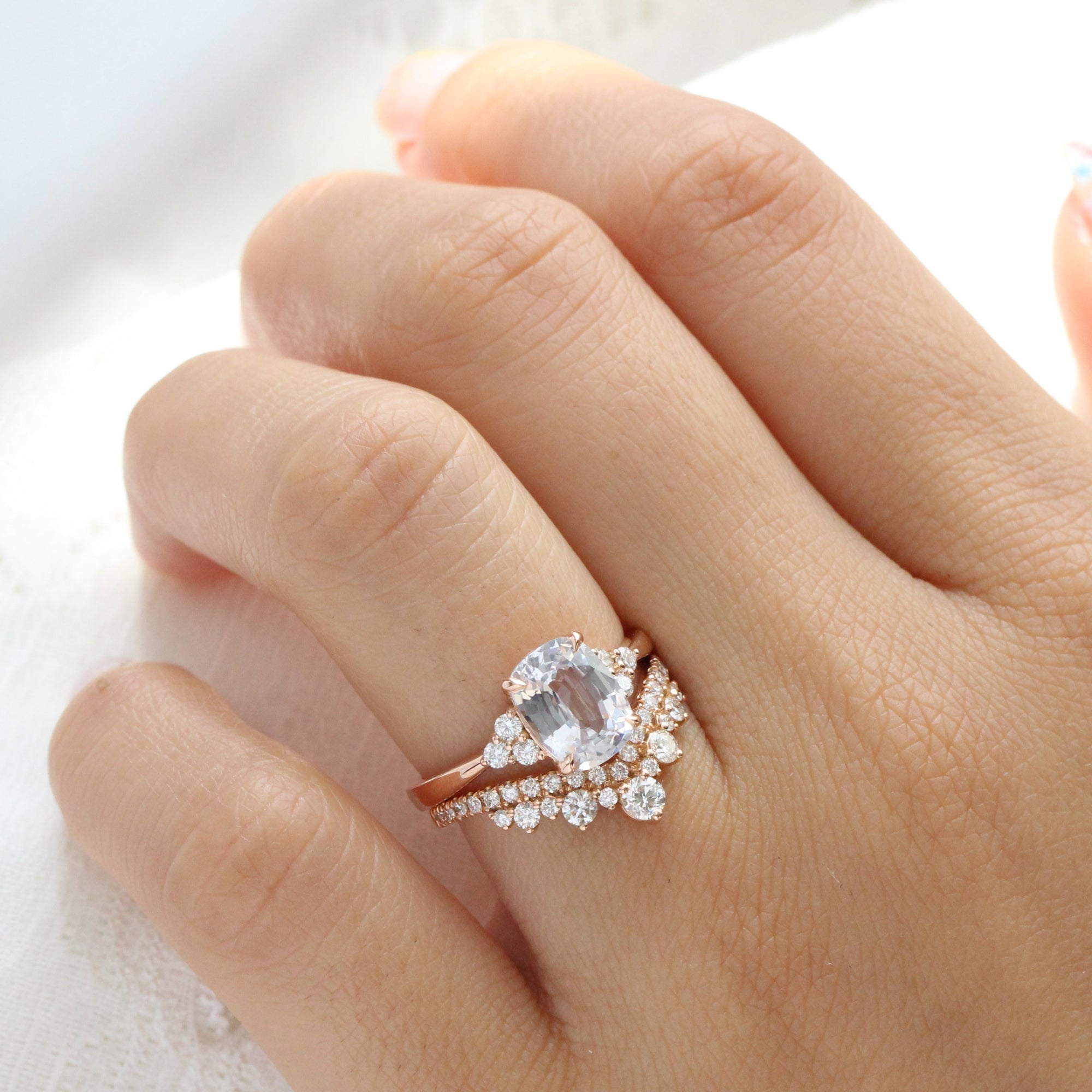 cushion cut white sapphire ring rose gold 3 stone diamond ring la more design jewelry