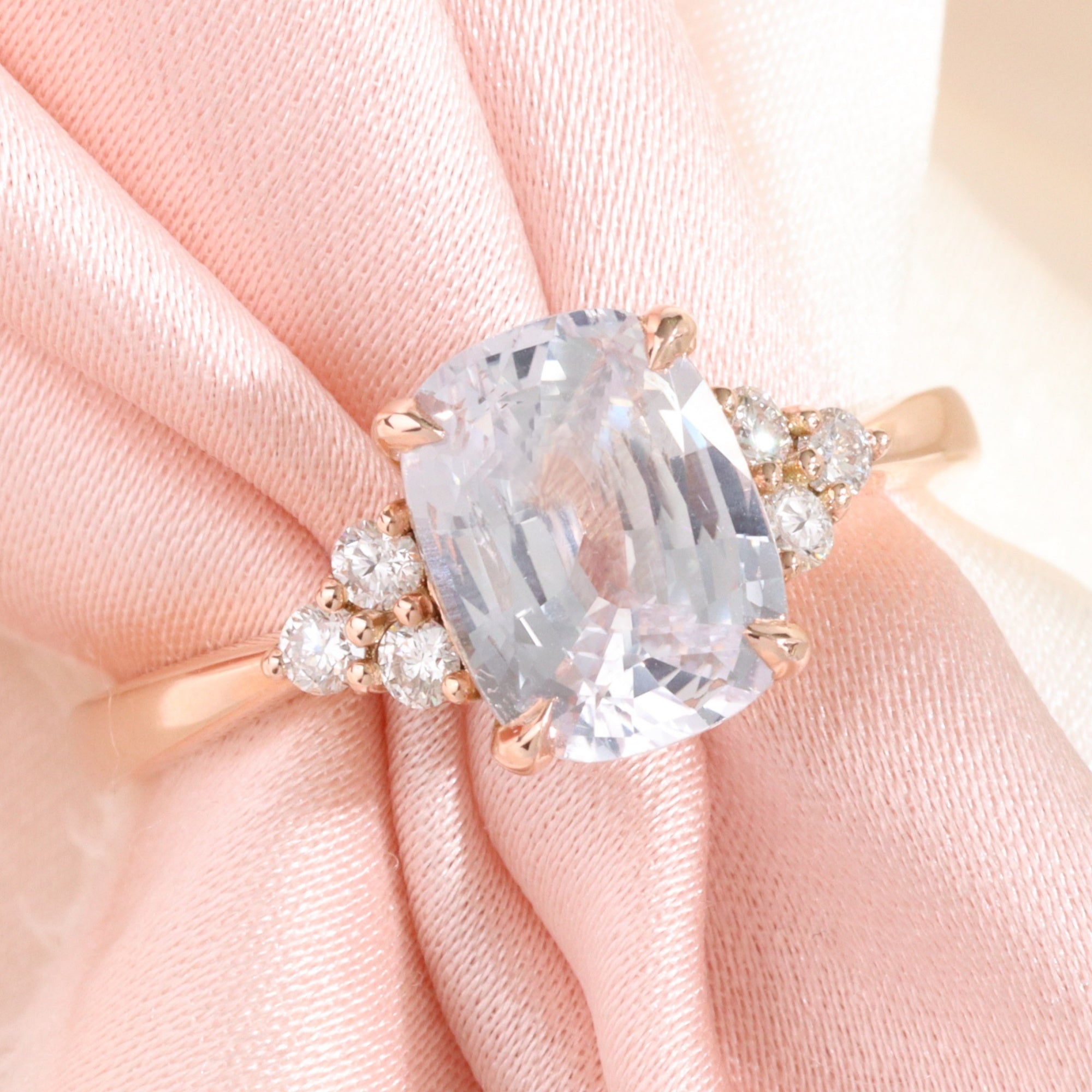 cushion cut white sapphire ring rose gold 3 stone diamond ring la more design jewelry