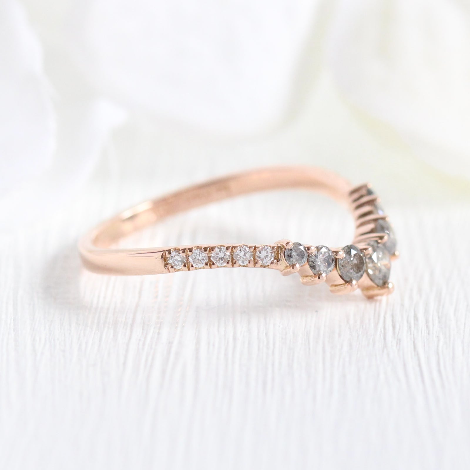 Salt and Pepper Diamond Wedding Ring in 14k Rose Gold Curved Pave Band, Size 5.5