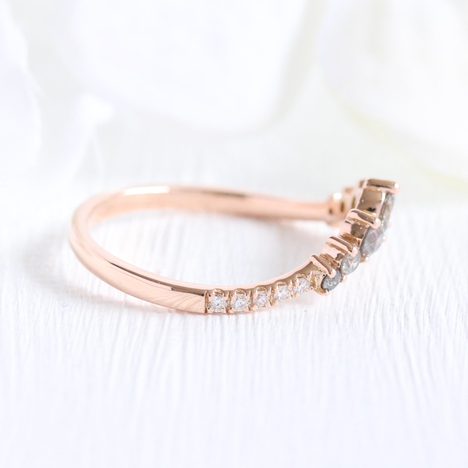 Salt and Pepper Diamond Wedding Ring in 14k Rose Gold Curved Pave Band, Size 5.5