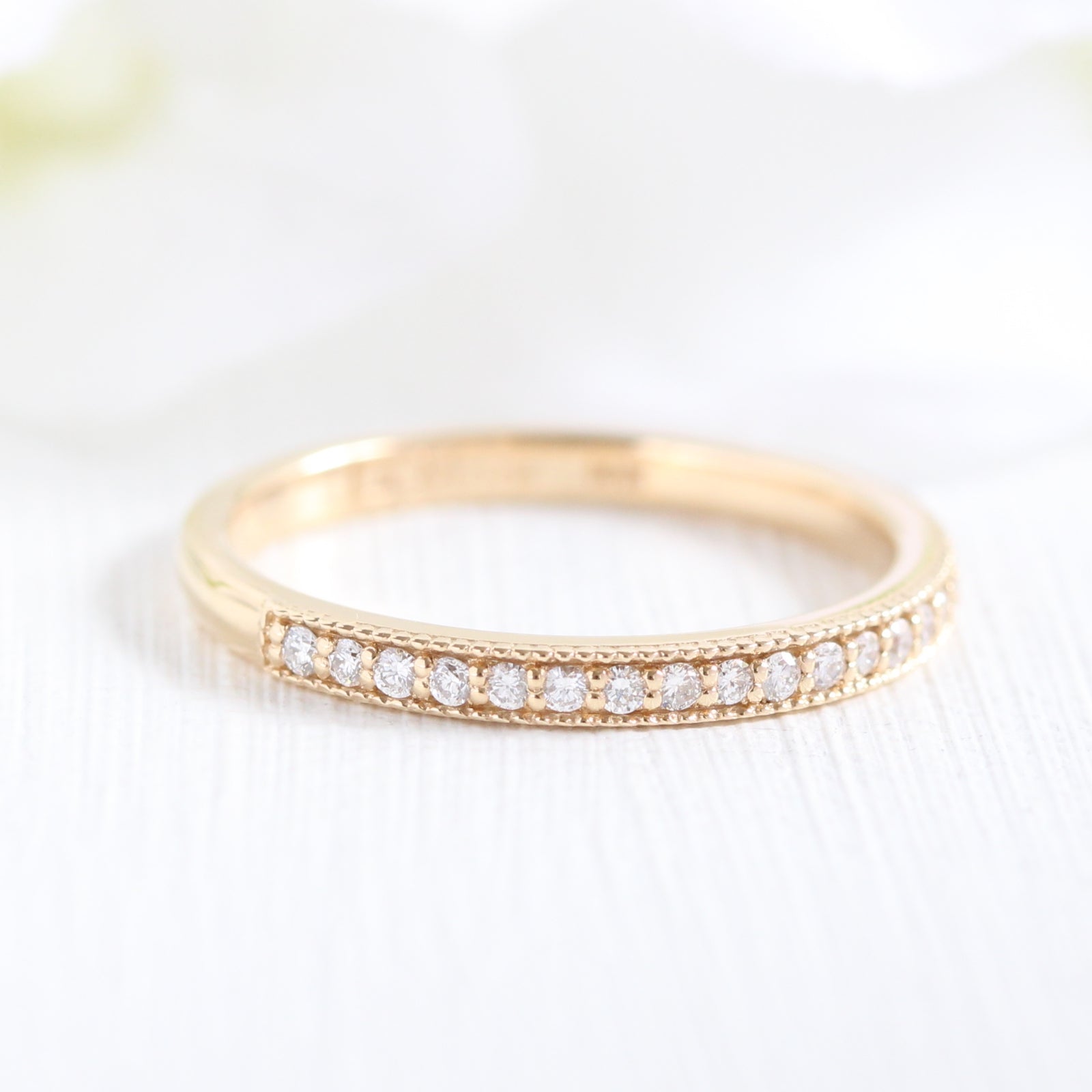 Milgrain Diamond Wedding Ring in 14k Yellow Gold Half Eternity Band, Size 6.5