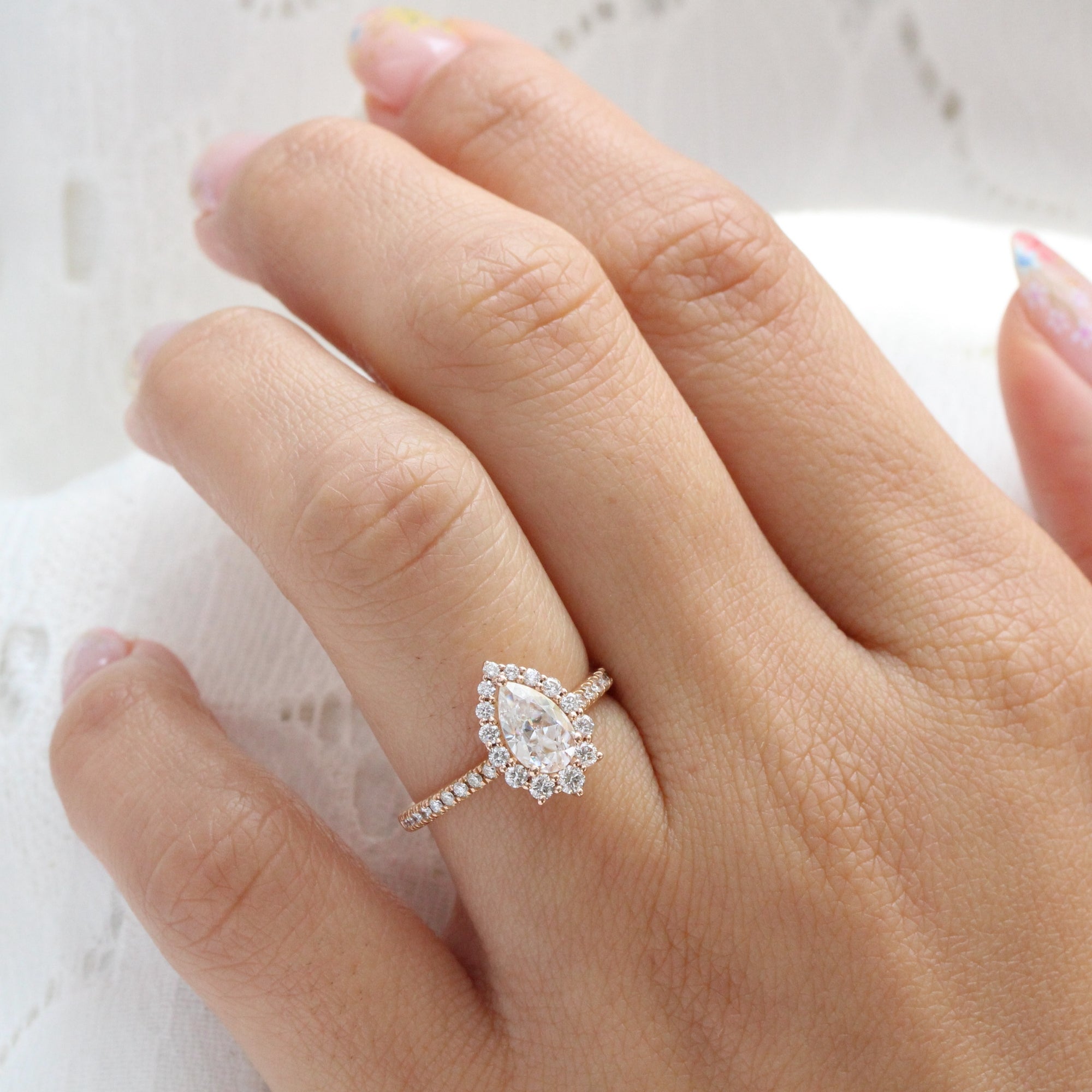 pear moissanite engagement ring rose gold halo diamond moissanite ring pave band la more design jewelry