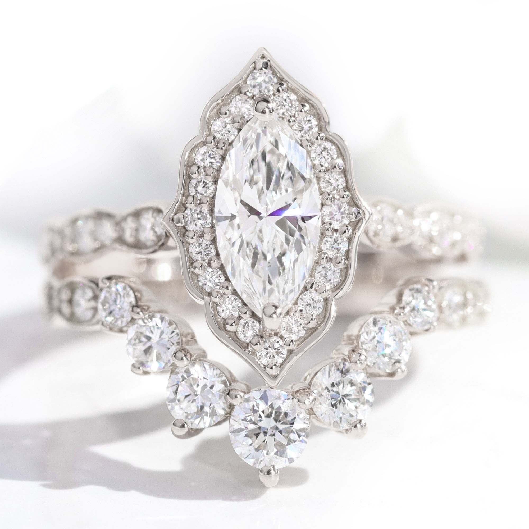 lab diamond ring bridal set white gold halo marquise diamond engagement ring La More Design Jewelry