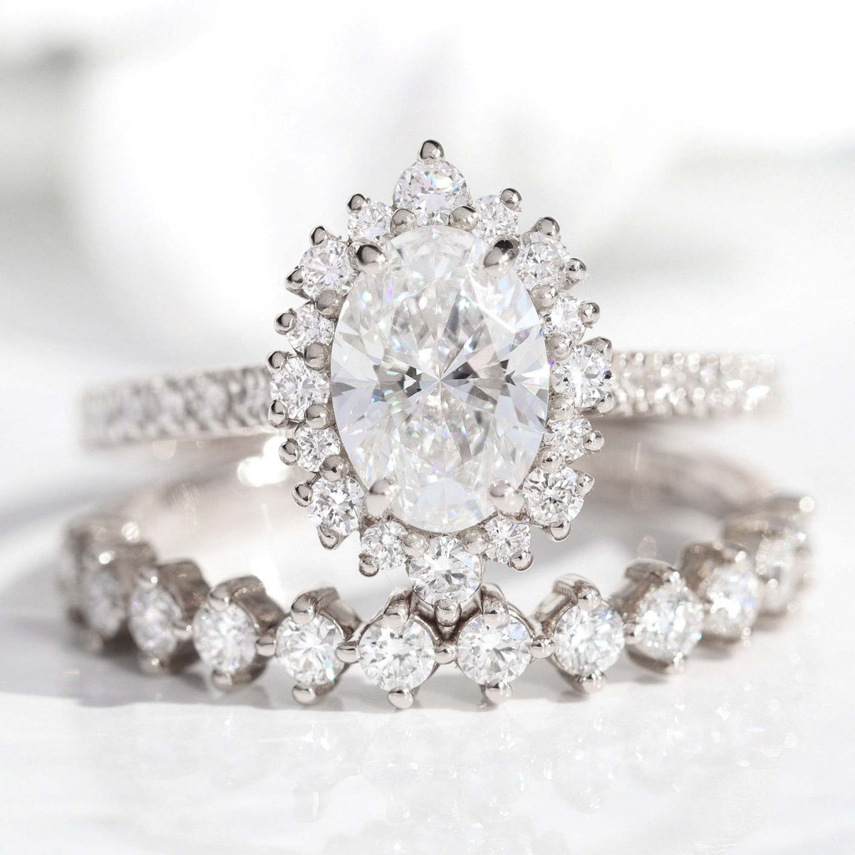 Belize Diamond Rings Oval Lab Diamond Ring Halo Bridal Set Rose Gold Eternity Wedding Band ...