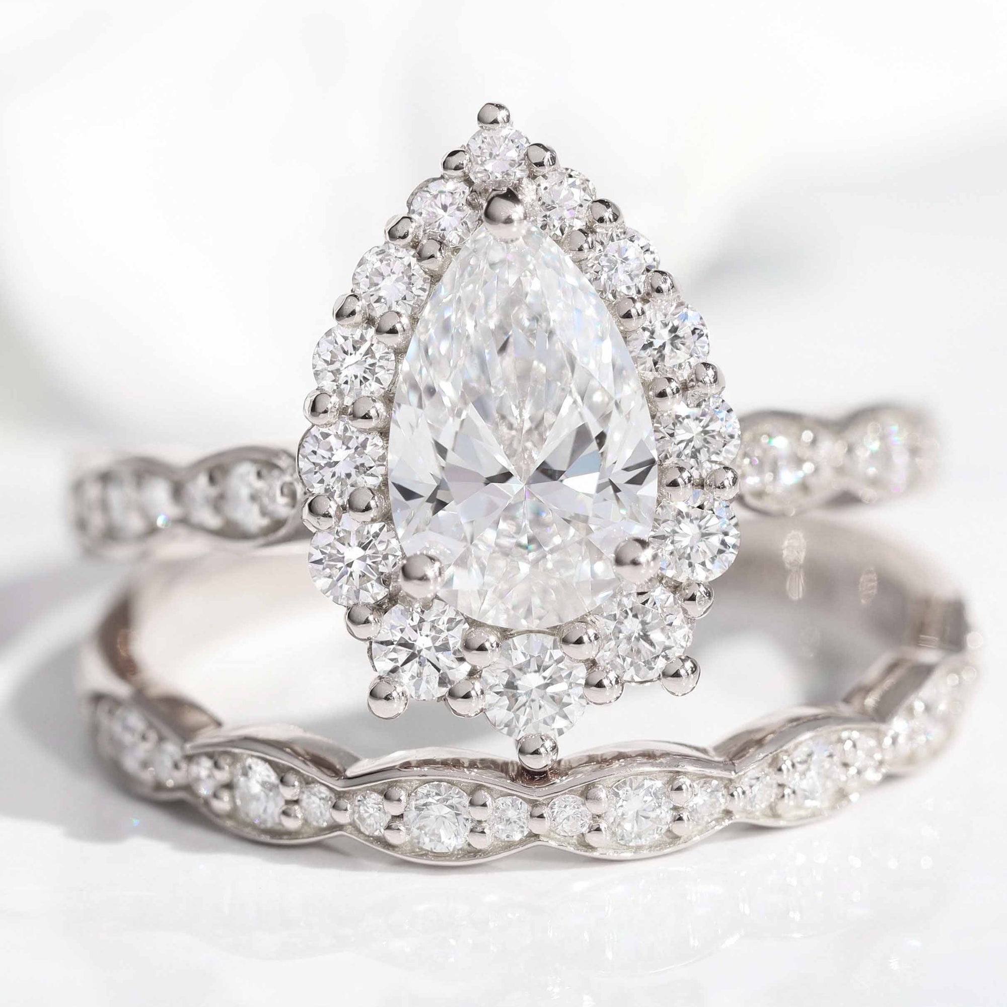 lab diamond ring bridal set white gold pear diamond halo engagement ring La More Design Jewelry