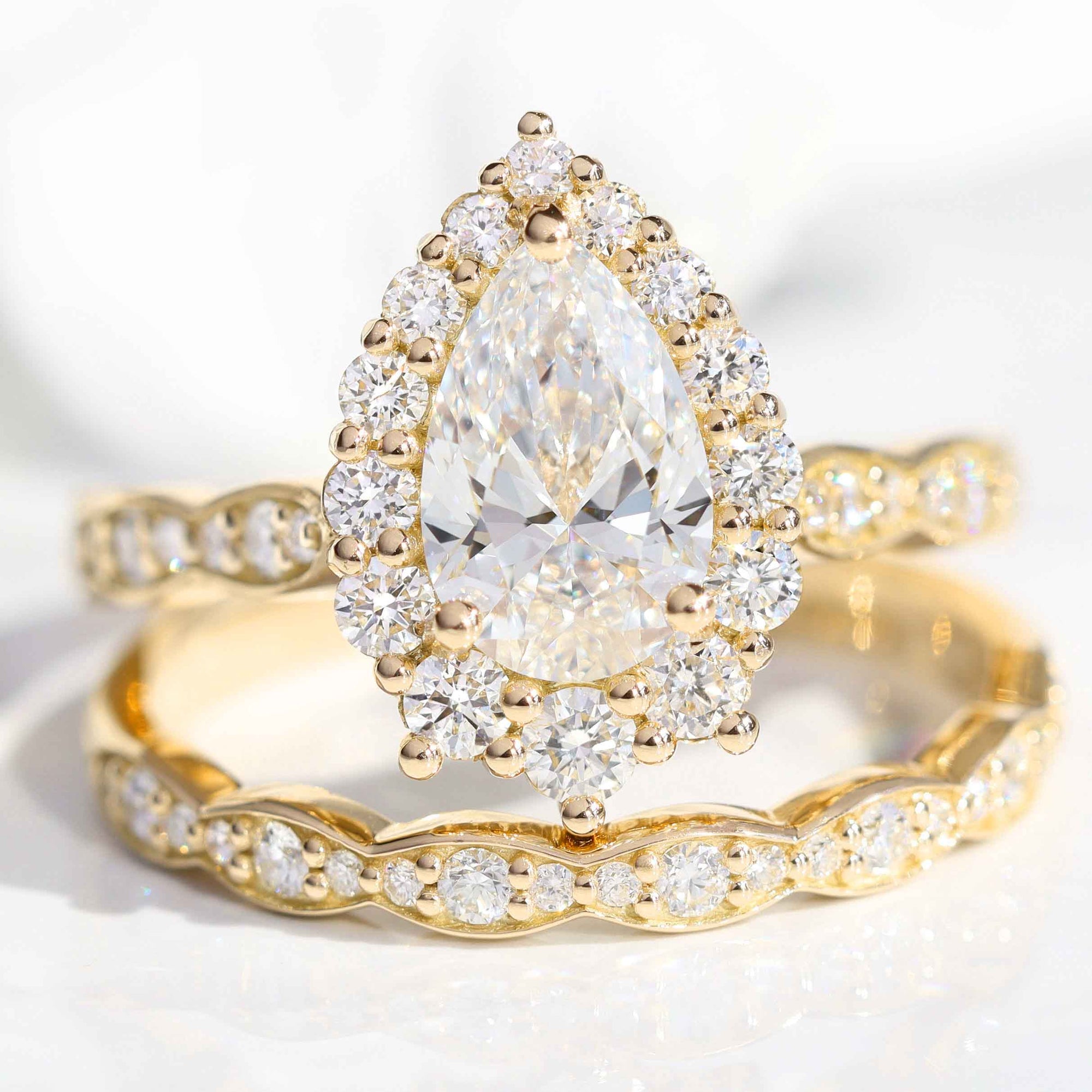 lab diamond ring bridal set yellow gold pear diamond halo engagement ring La More Design Jewelry