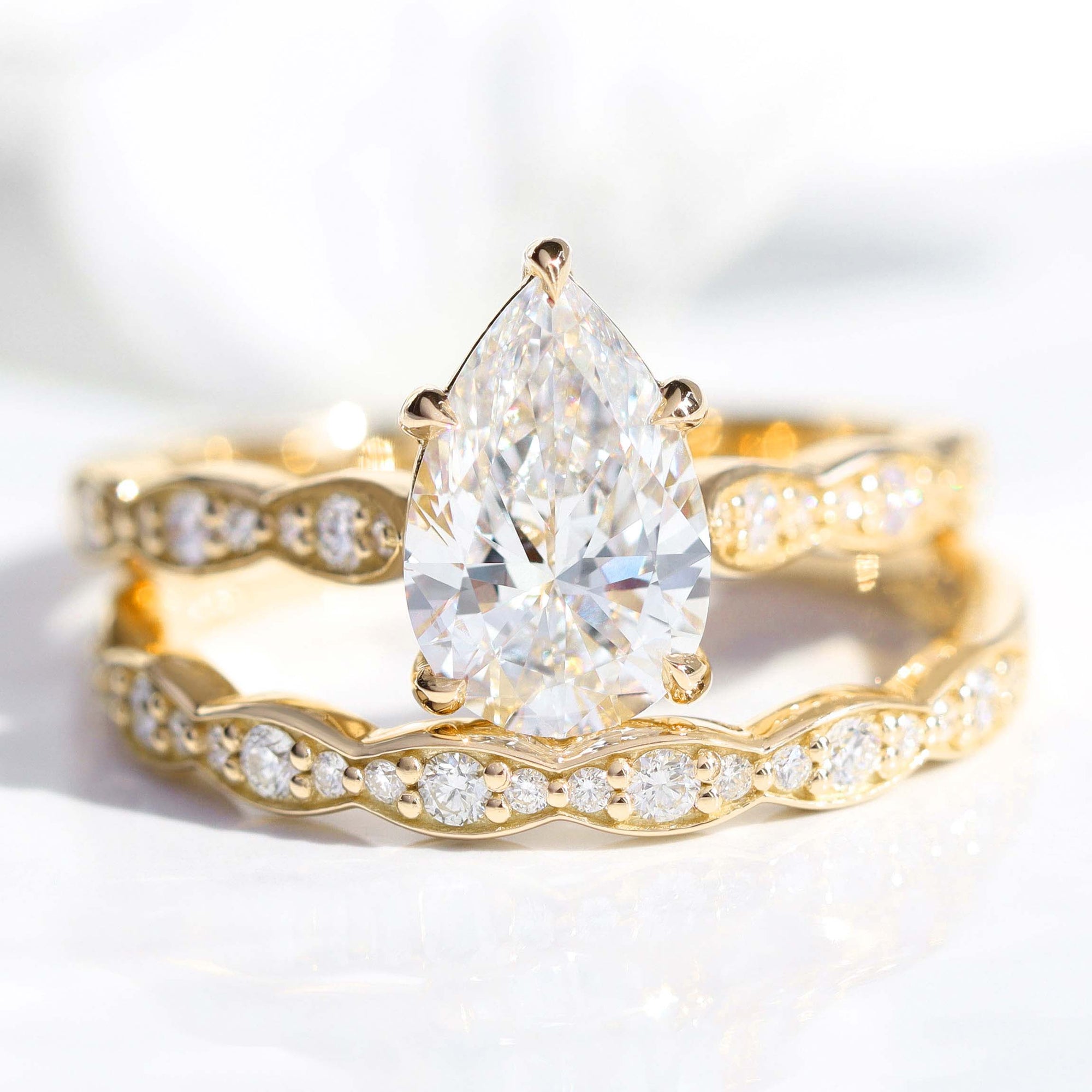 lab diamond ring bridal set yellow gold pear diamond solitaire engagement ring La More Design Jewelry