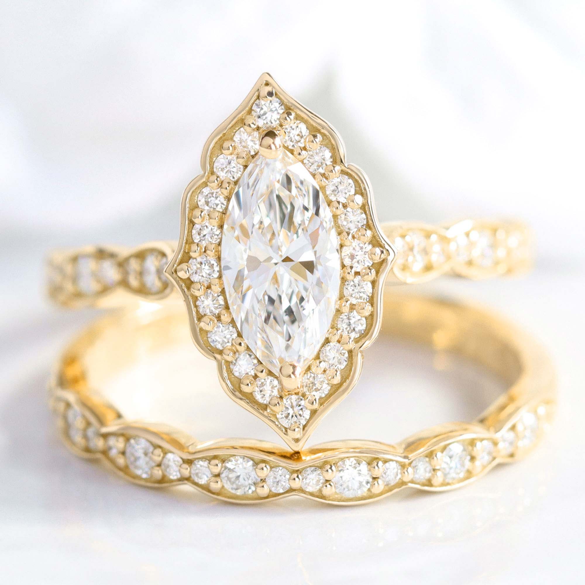 Vintage Yellow Halo Ring Marquise Lab Diamond Ring Bridal Set Rose