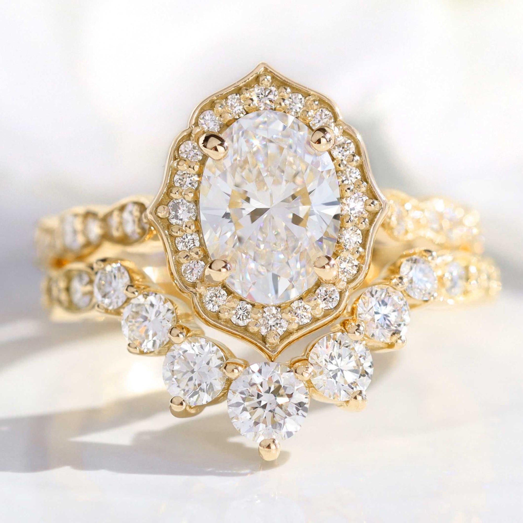 lab diamond ring bridal set yellow gold vintage halo oval diamond engagement ring La More Design Jewelry