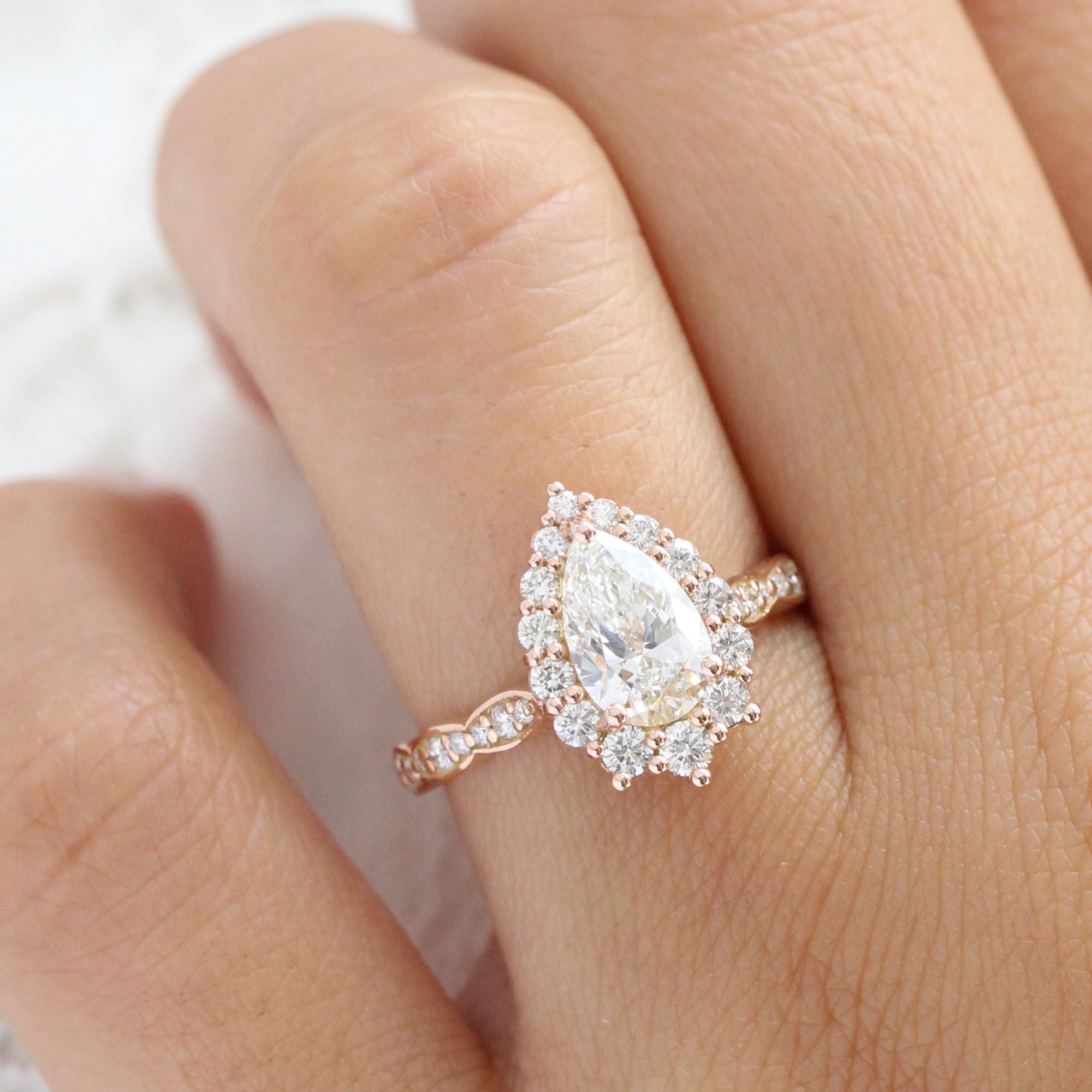 lab diamond ring rose gold pear diamond halo engagement ring La More Design Jewelry