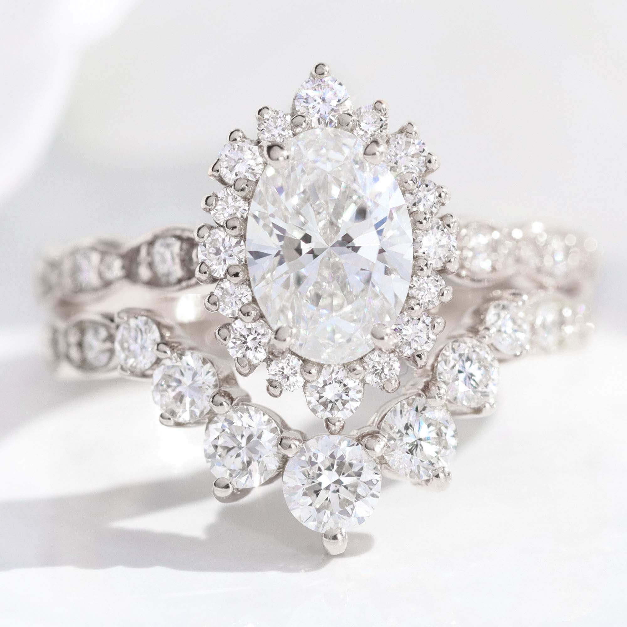 lab diamond ring stack white gold oval diamond halo engagement ring set La More Design Jewelry
