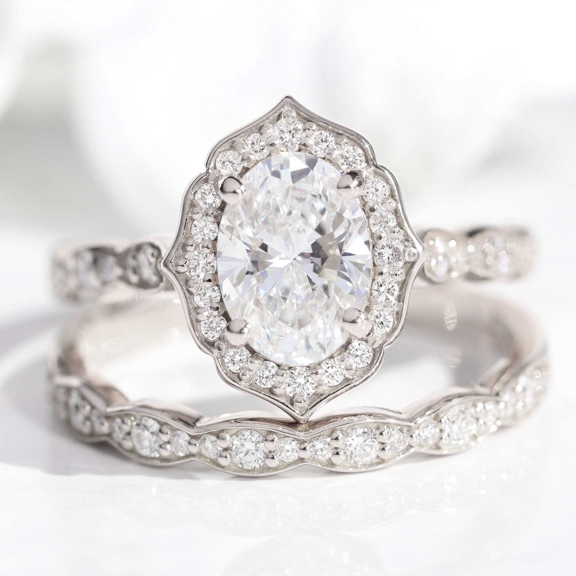 lab diamond ring stack white gold vintage halo oval diamond engagement ring set La More Design Jewelry