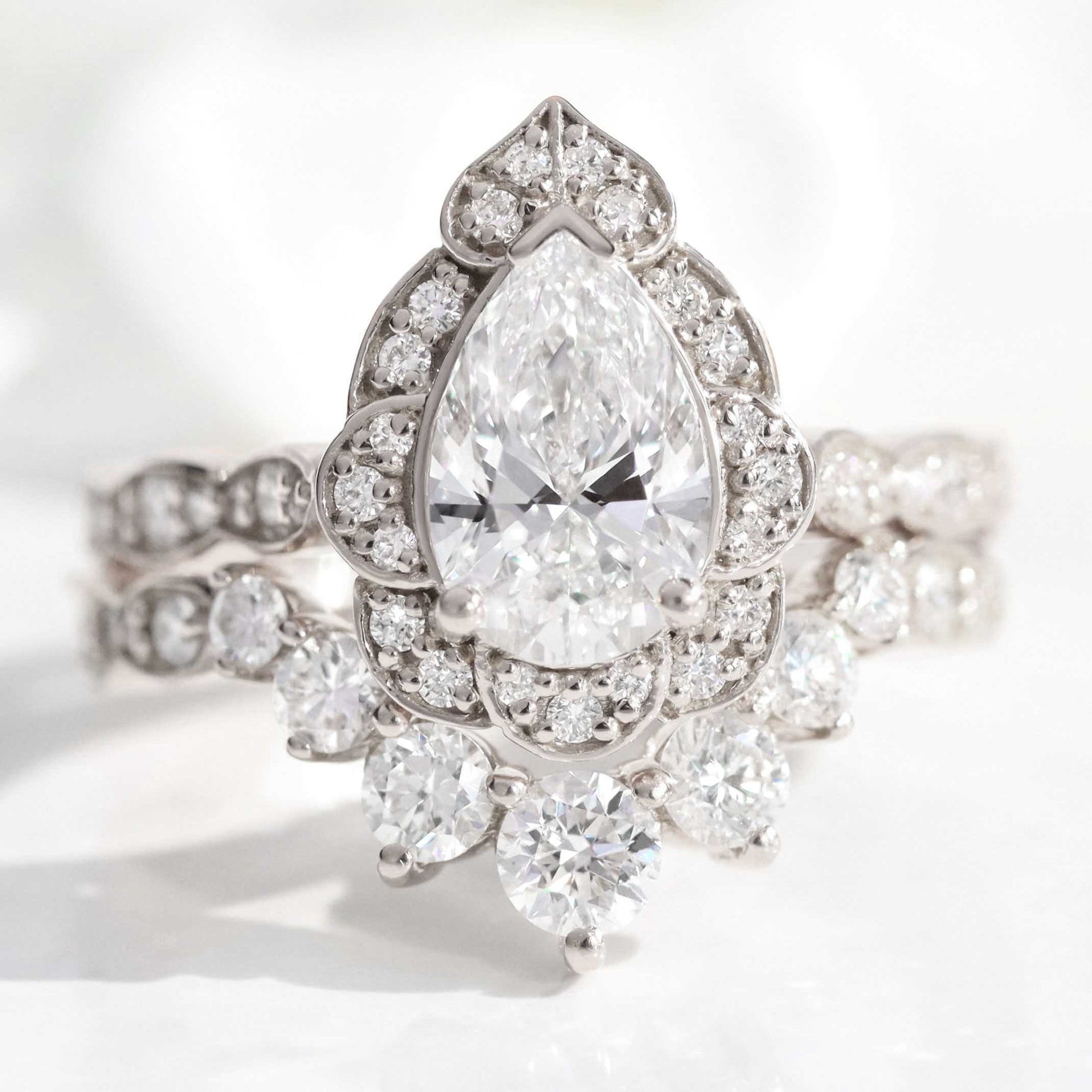 lab diamond ring stack white gold vintage halo pear diamond engagement ring set La More Design Jewelry