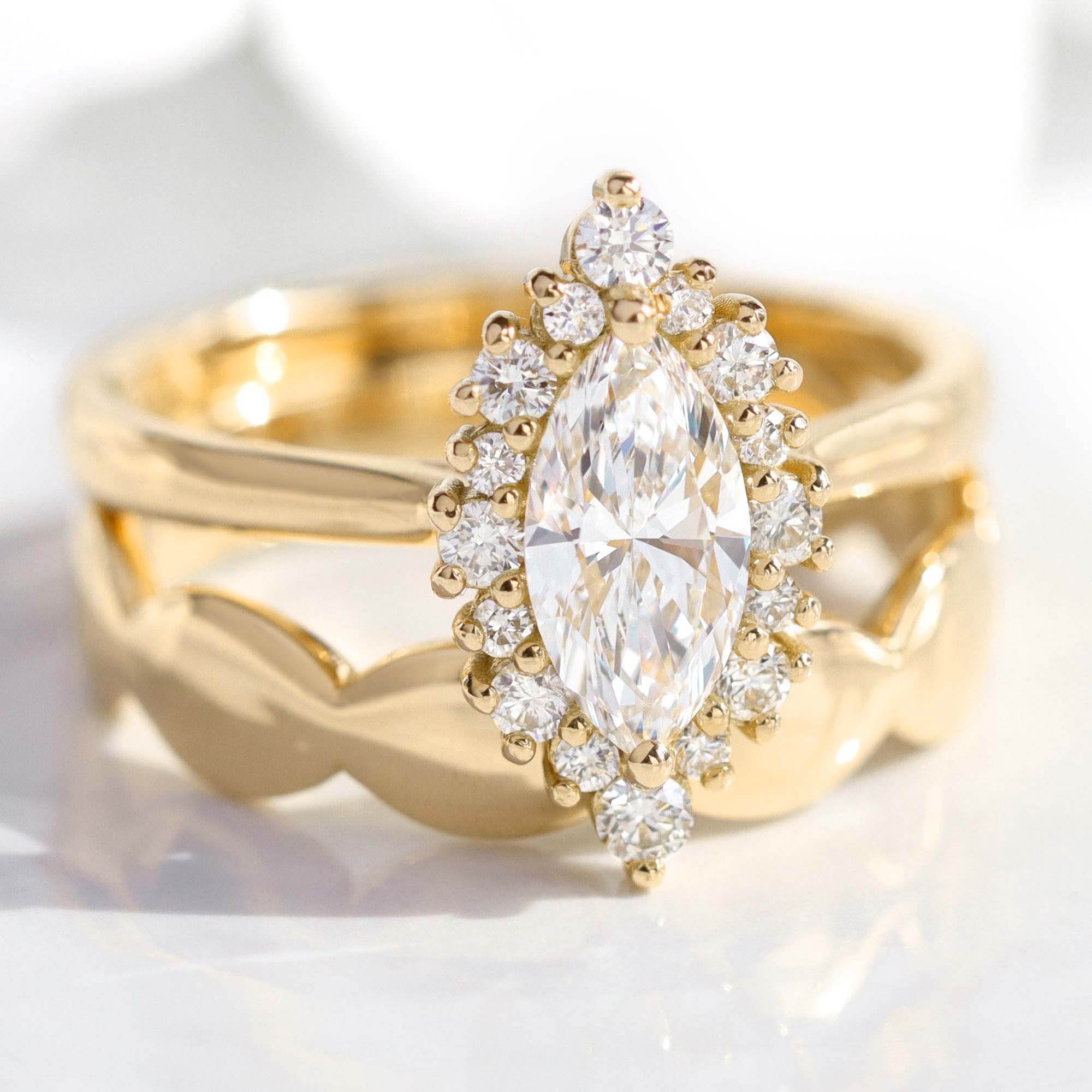lab diamond ring stack yellow gold marquise diamond halo engagement ring set La More Design Jewelry
