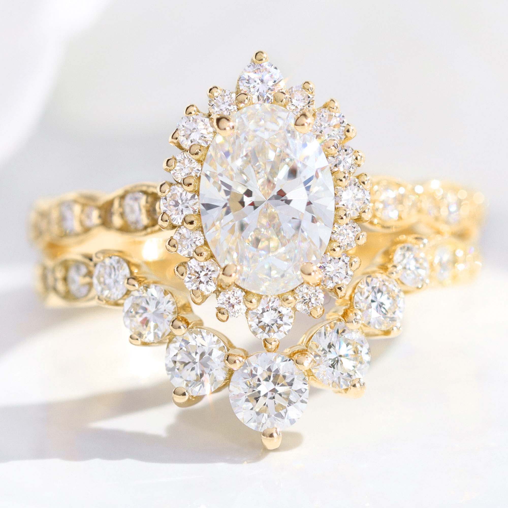 lab diamond ring stack yellow gold oval diamond halo engagement ring set La More Design Jewelry