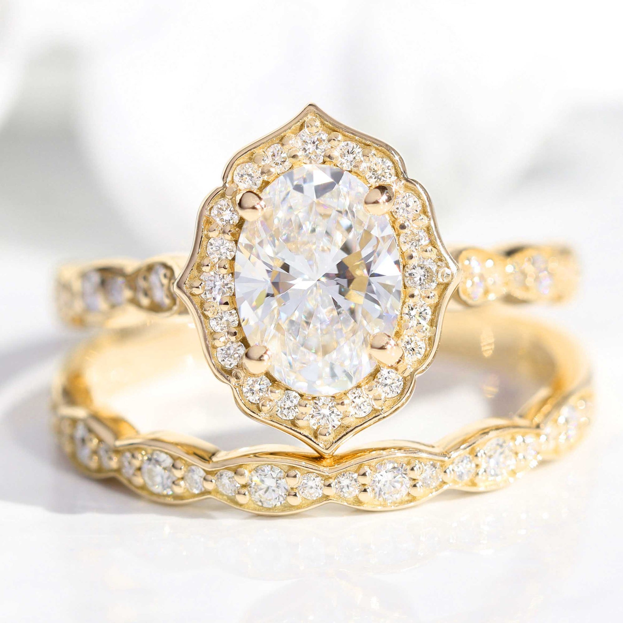 lab diamond ring stack yellow gold vintage halo oval diamond engagement ring set La More Design Jewelry