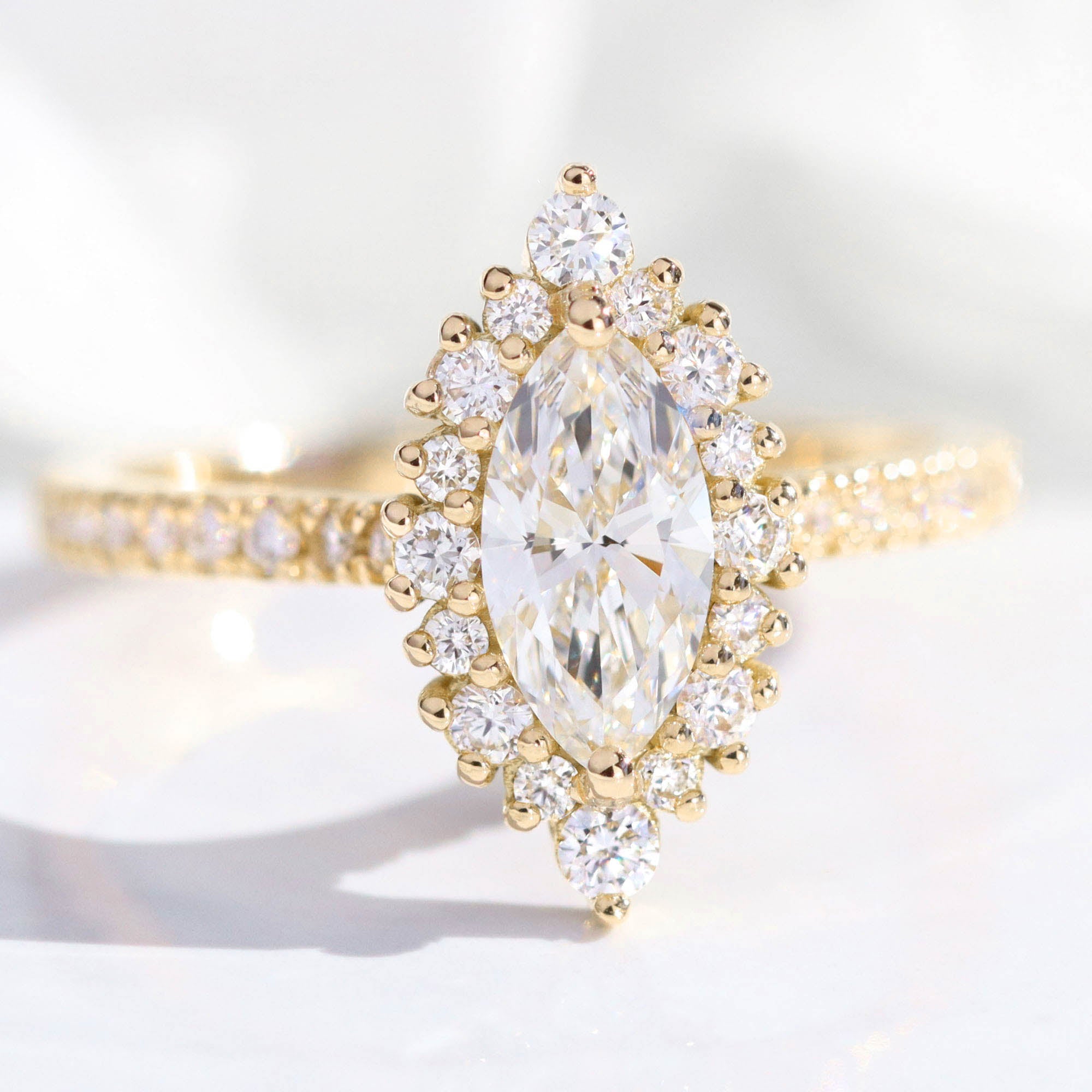 lab diamond ring yellow gold marquise diamond halo engagement ring La More Design Jewelry