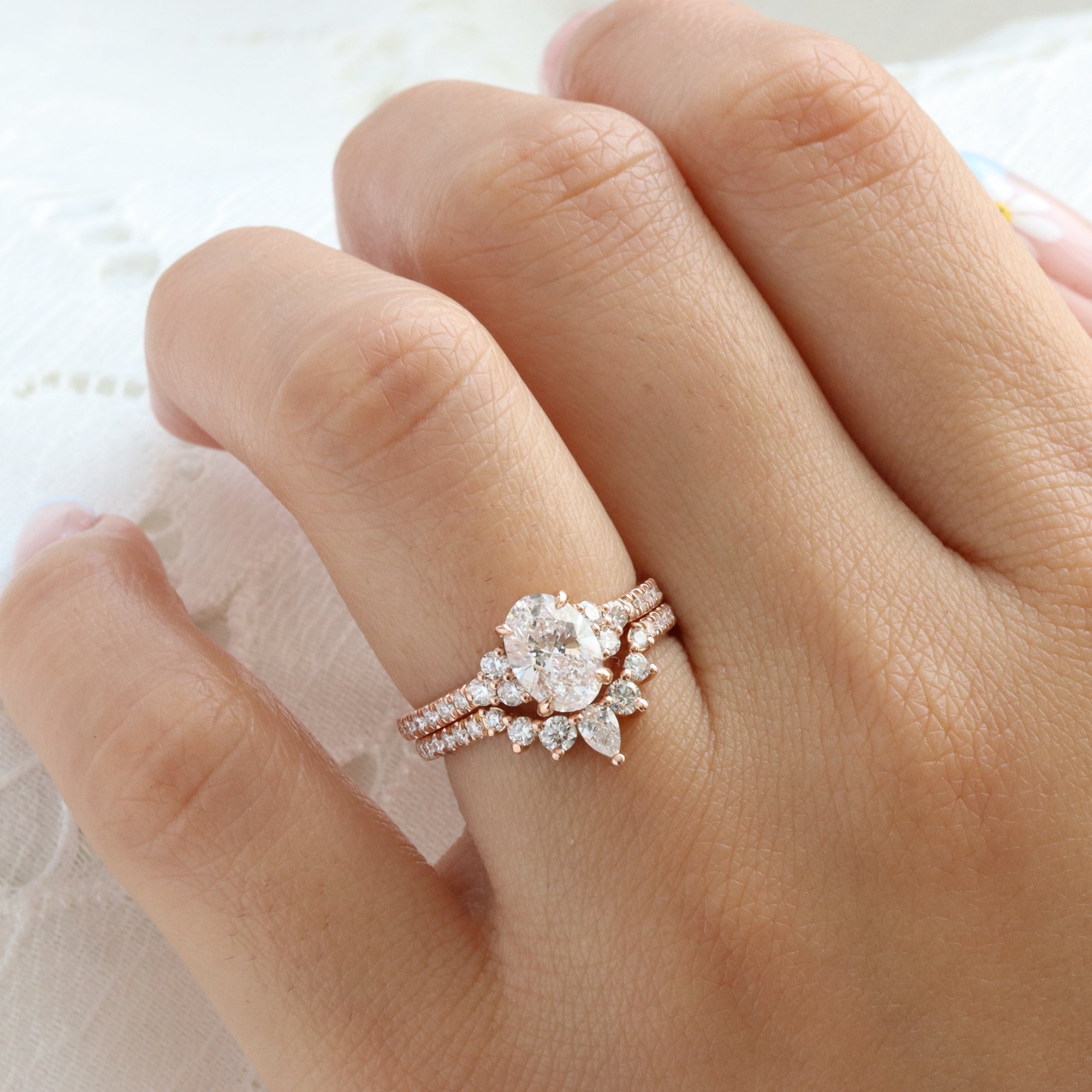 lab grown diamond 3 stone ring bridal set rose gold U shaped diamond wedding band la more design jewelry