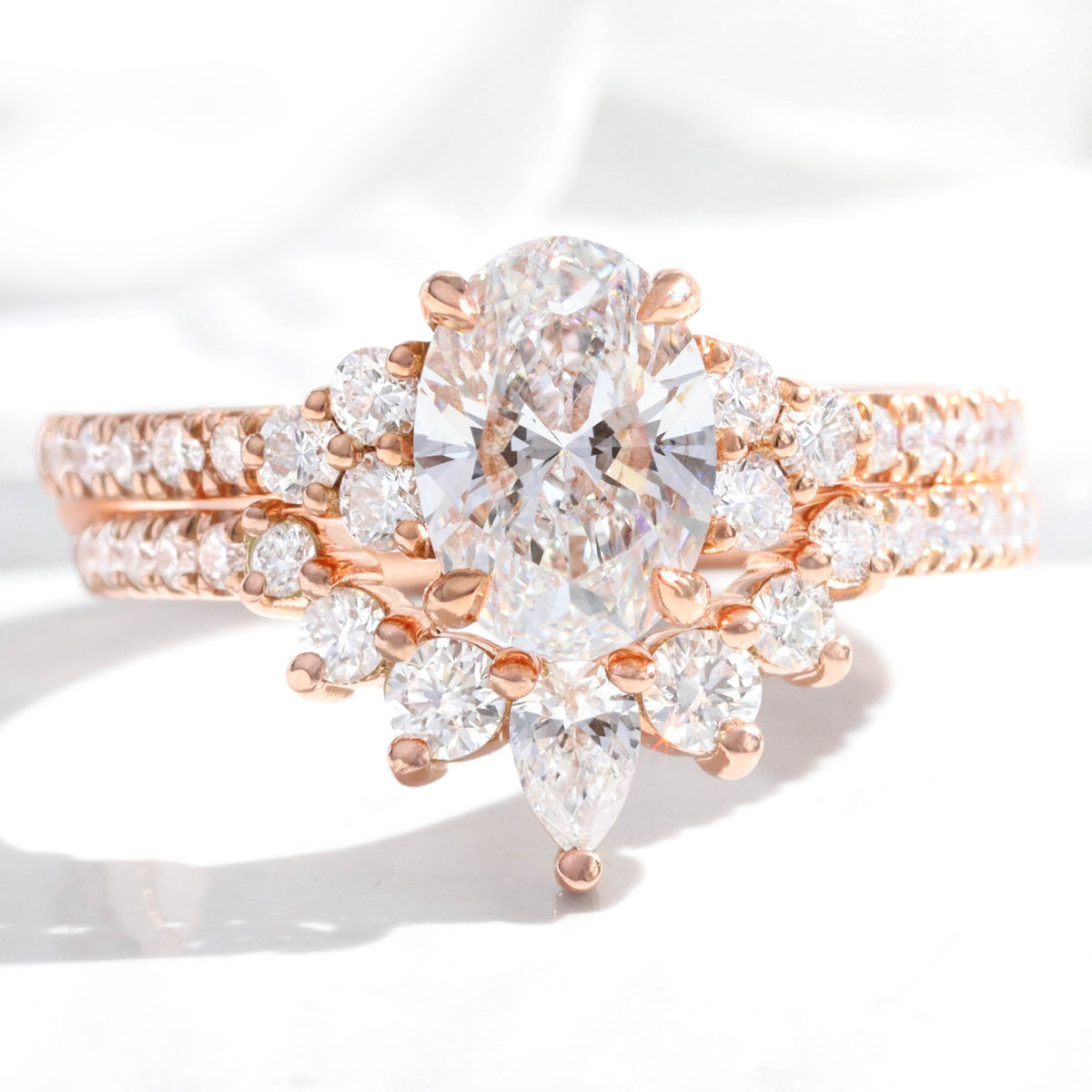 lab grown diamond 3 stone ring bridal set rose gold U shaped diamond wedding band la more design jewelry