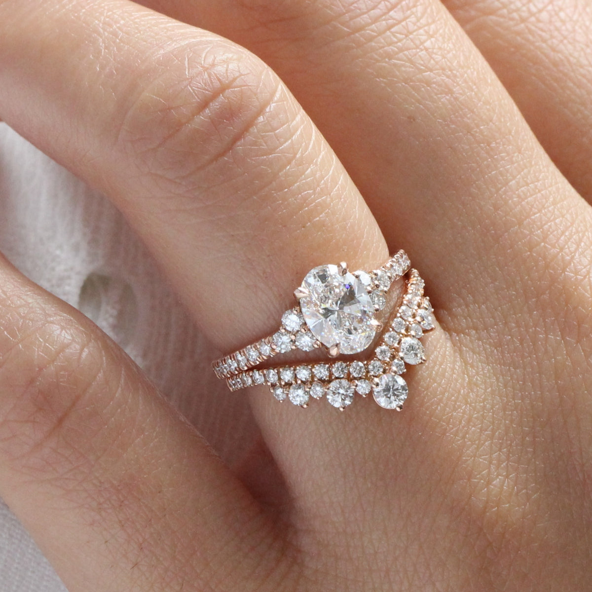 lab grown diamond 3 stone ring bridal set rose gold deep V shaped diamond wedding band la more design jewelry