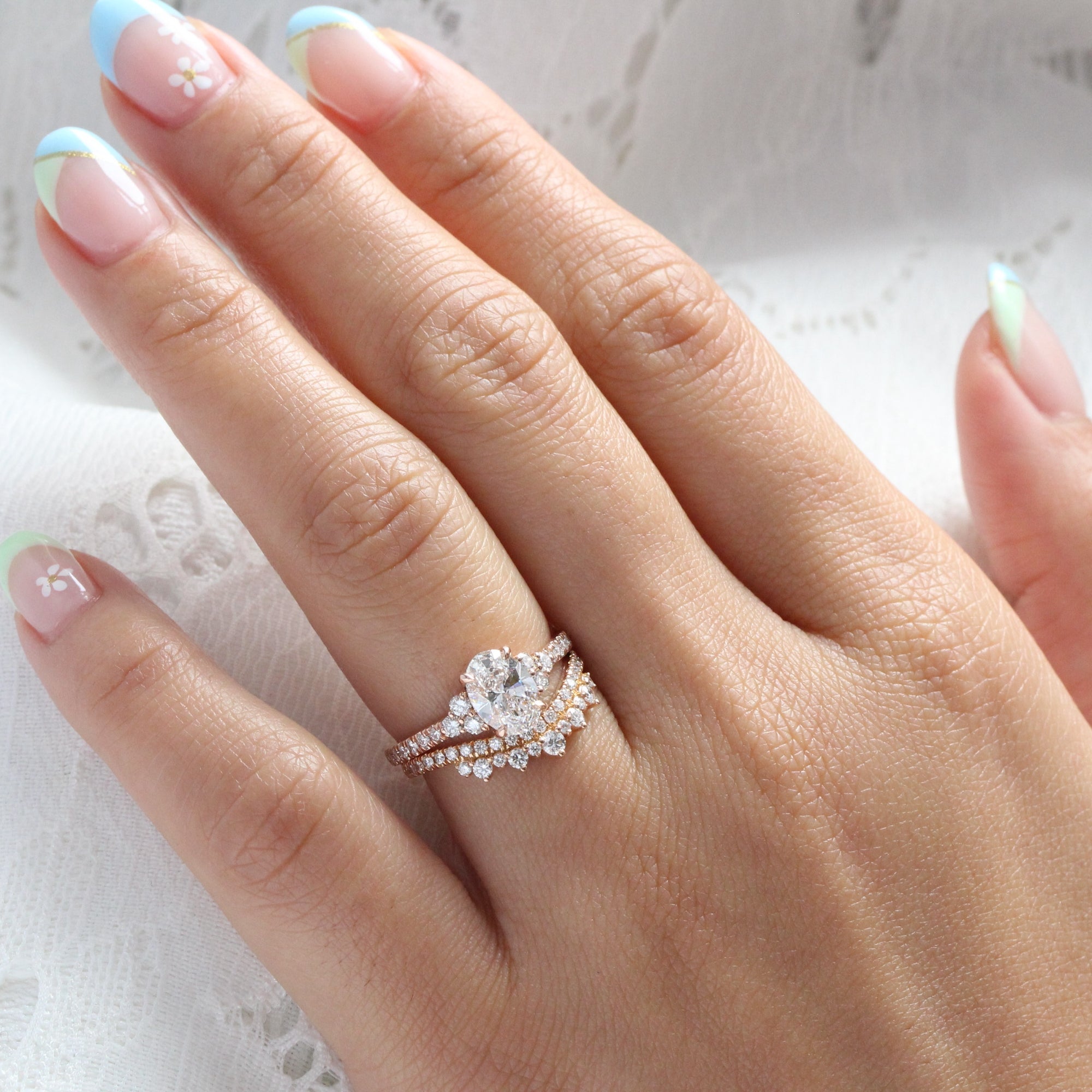 3 Stone Lab Diamond Pave Ring Set Gold Oval Cluster Ring Bridal Set ...