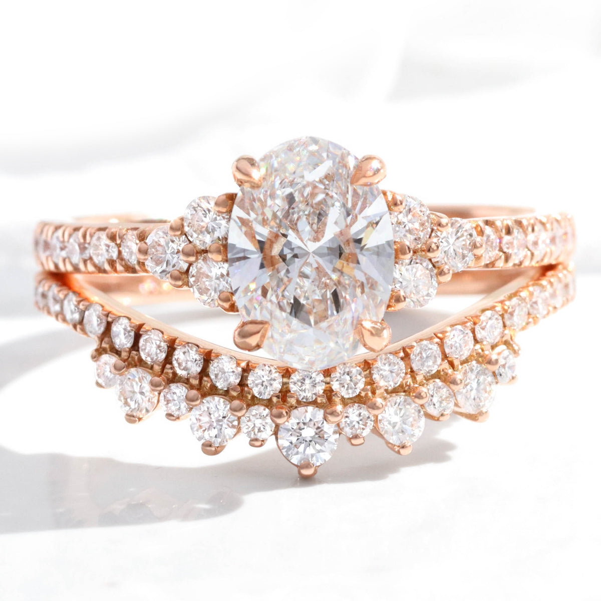 lab grown diamond 3 stone ring bridal set rose gold deep crown curved diamond wedding band la more design jewelry