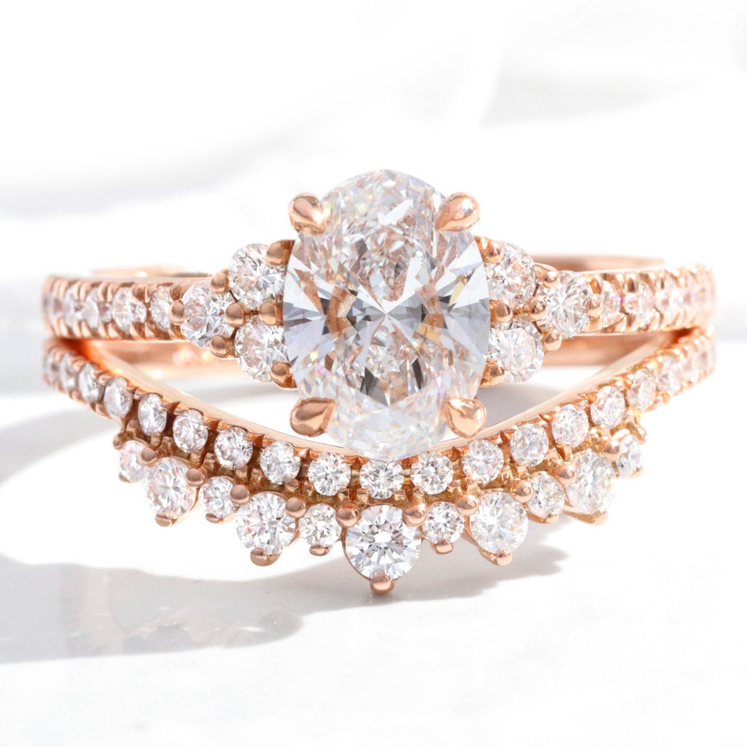3 Stone Lab Diamond Pave Ring Set Gold Oval Cluster Ring Bridal Set ...