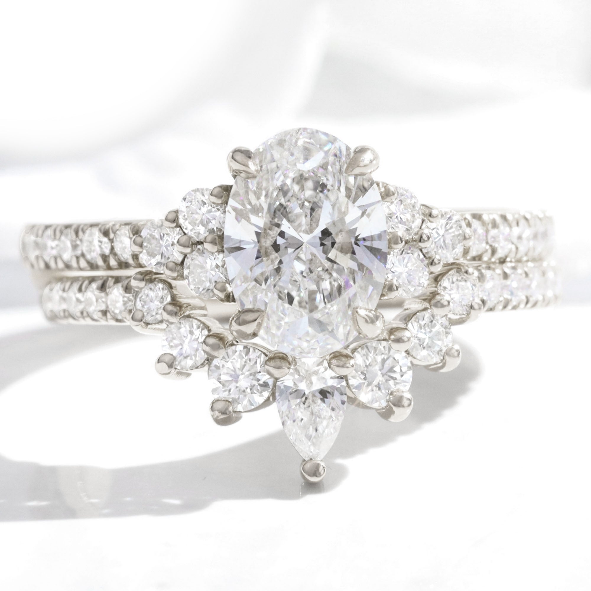 lab grown diamond 3 stone ring bridal set white gold U shaped diamond wedding band la more design jewelry