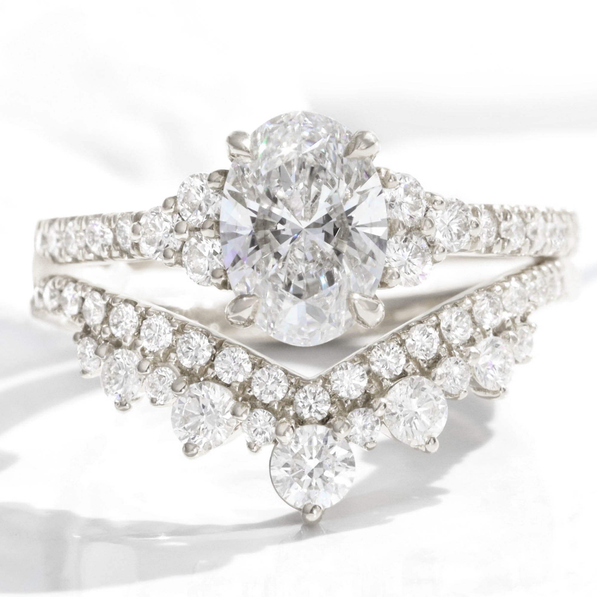 lab grown diamond 3 stone ring bridal set white gold deep V shaped diamond wedding band la more design jewelry
