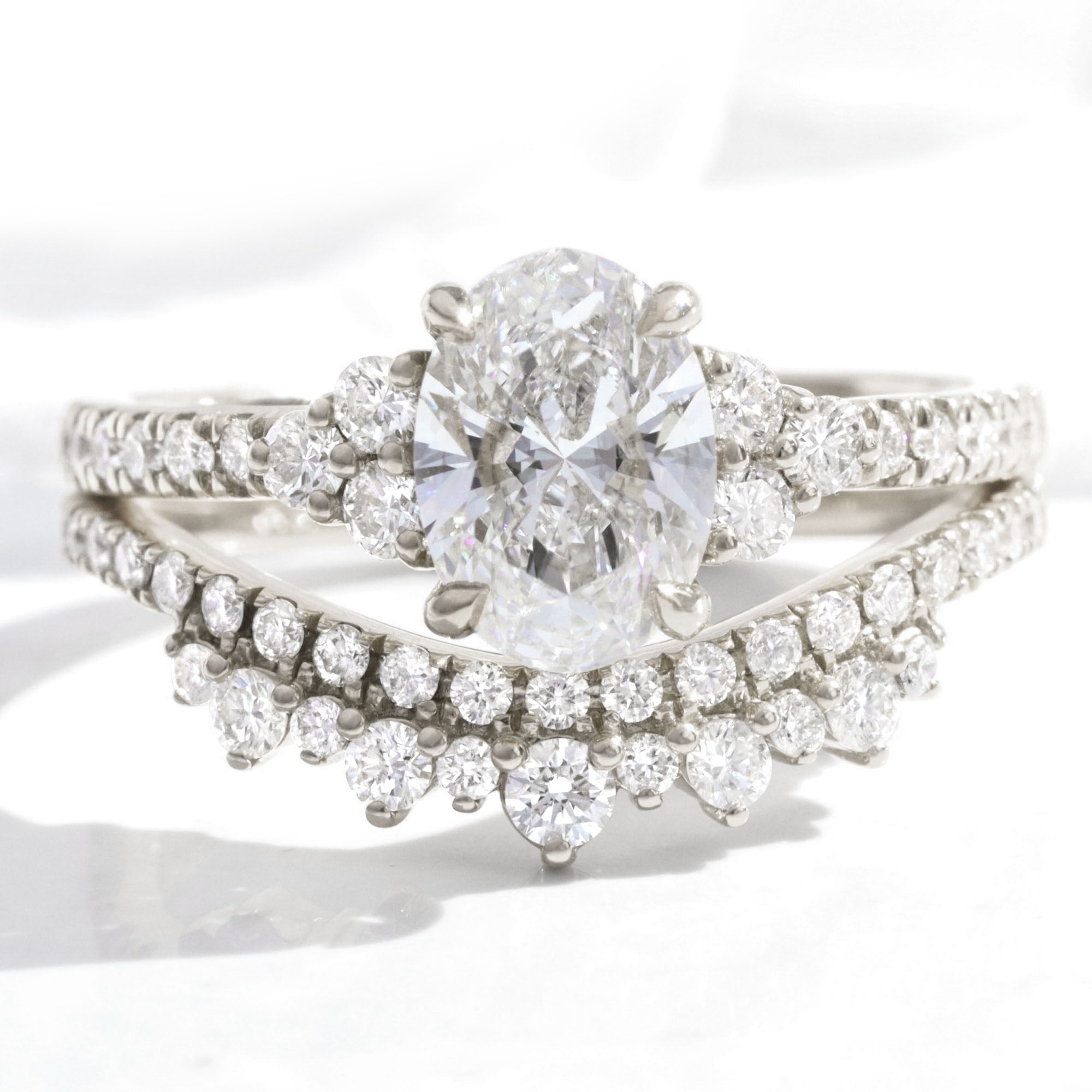 lab grown diamond 3 stone ring bridal set white gold deep crown curved diamond wedding band la more design jewelry