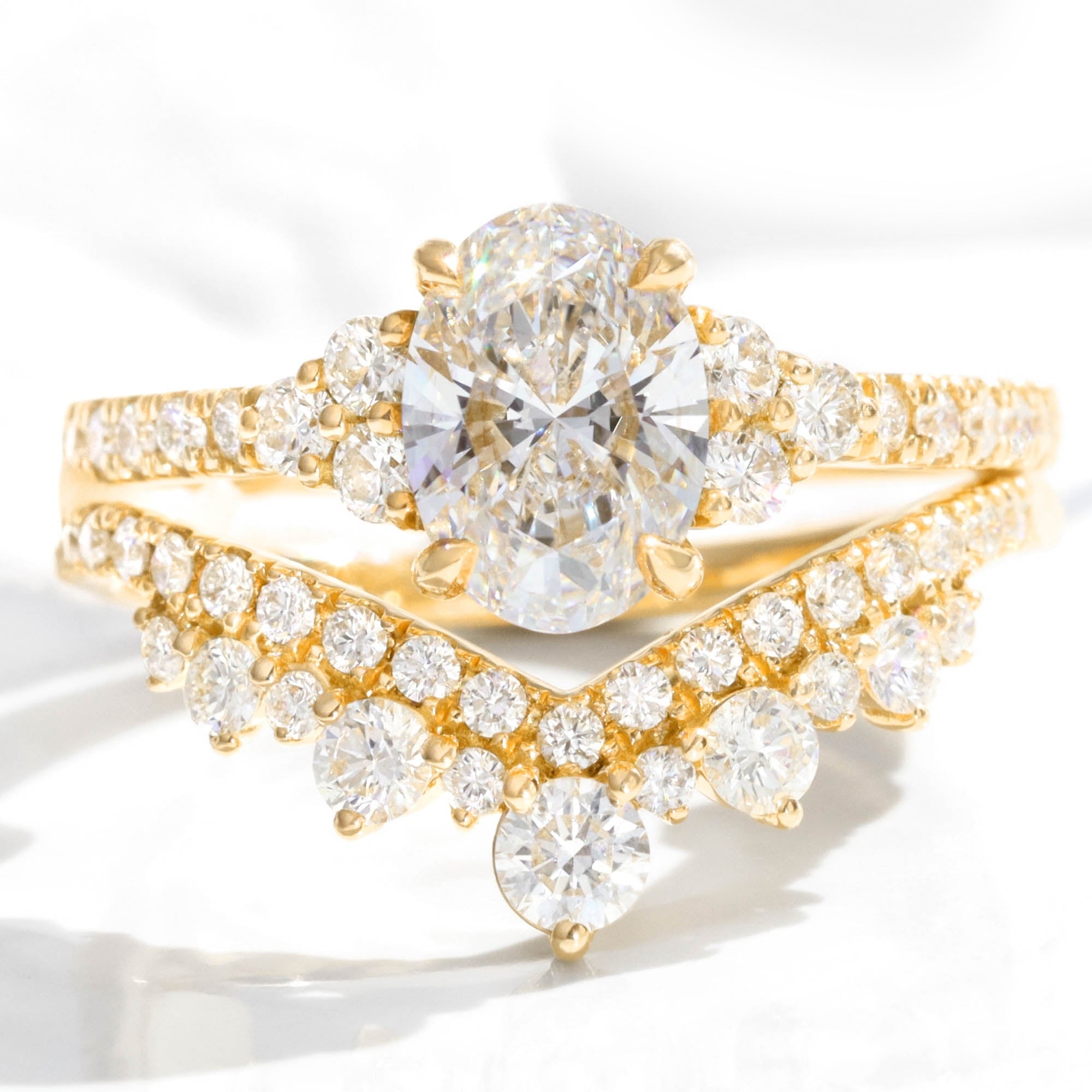 lab grown diamond 3 stone ring bridal set yellow gold deep V shaped diamond wedding band la more design jewelry